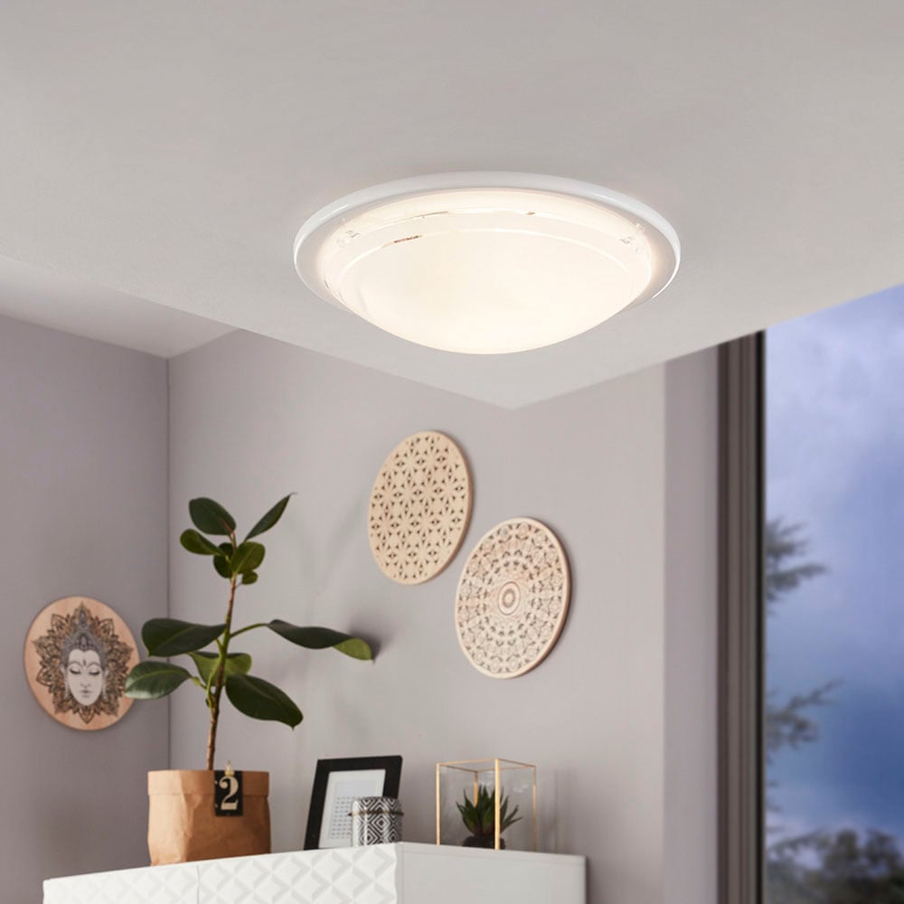 EGLO Deckenleuchte »PLANET 1 Deckenlampe, weiß, Stahl, Glas, Küchenlampe, E27«, 1 flammig, Leuchtmittel E27 | ohne Leuchtmittel, Wohnzimmerlampe, Flurlampe, Esszimmer, Büro, zeitlos, 29x29x8,5cm