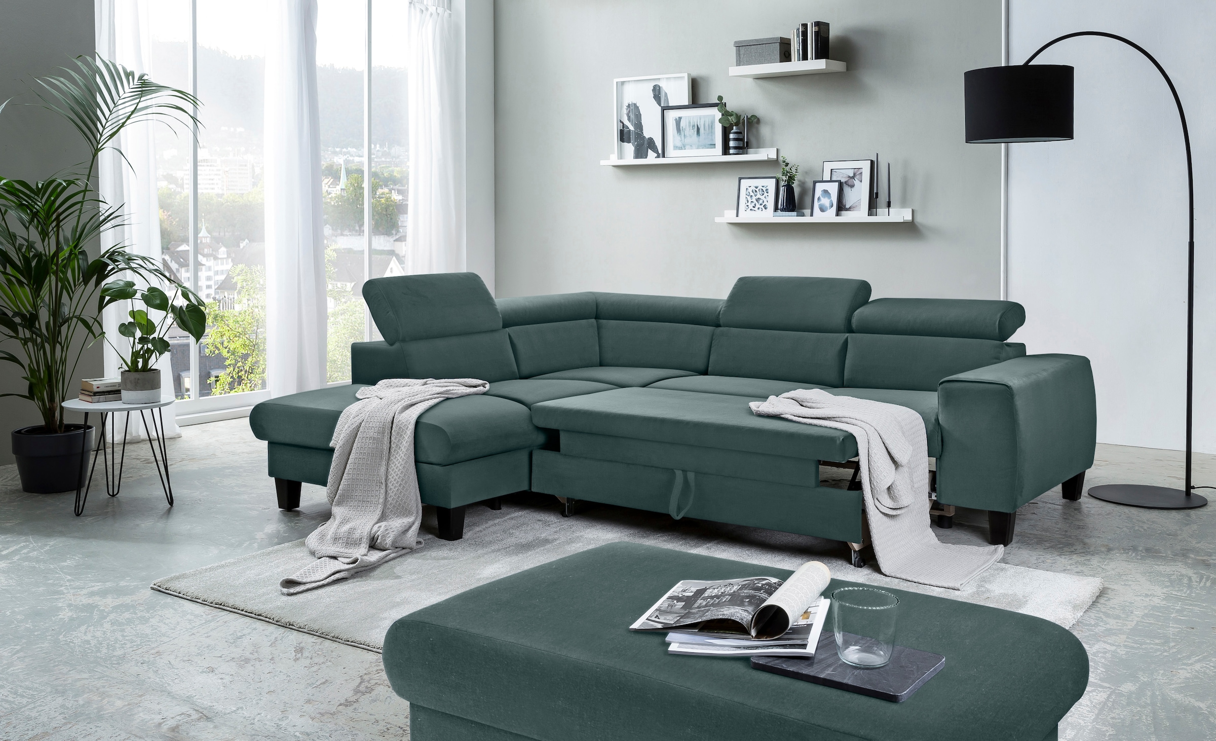 COTTA Ecksofa »Morven L-Form mit Kopfteilverstellung«, wahlweise mit Bettfunktion, Bettkasten & Wireless-Charger