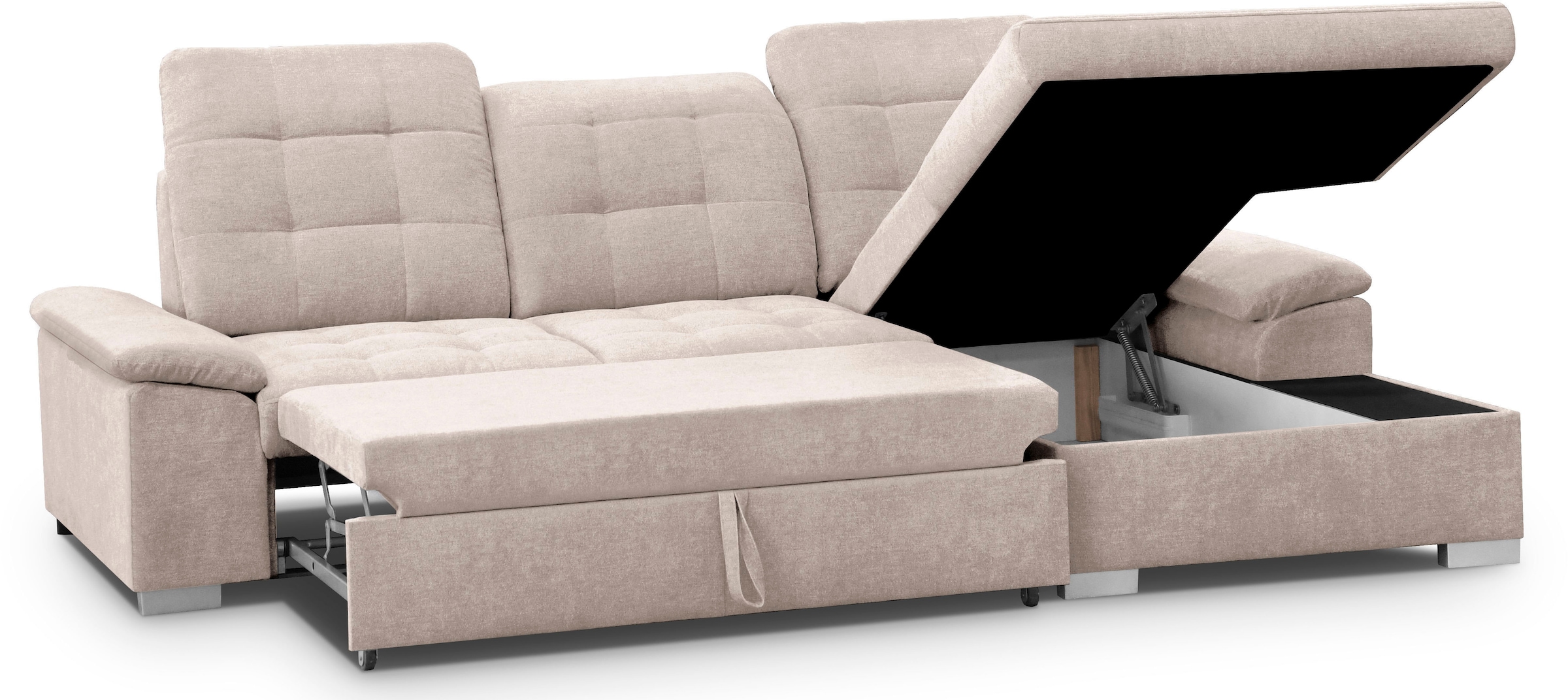 WERK2 Ecksofa »Carmen Bett+Bettkasten, Kopfstütze verst., Sitztiefe optional verst.« L-Form Sofa, Struktur weich, creme