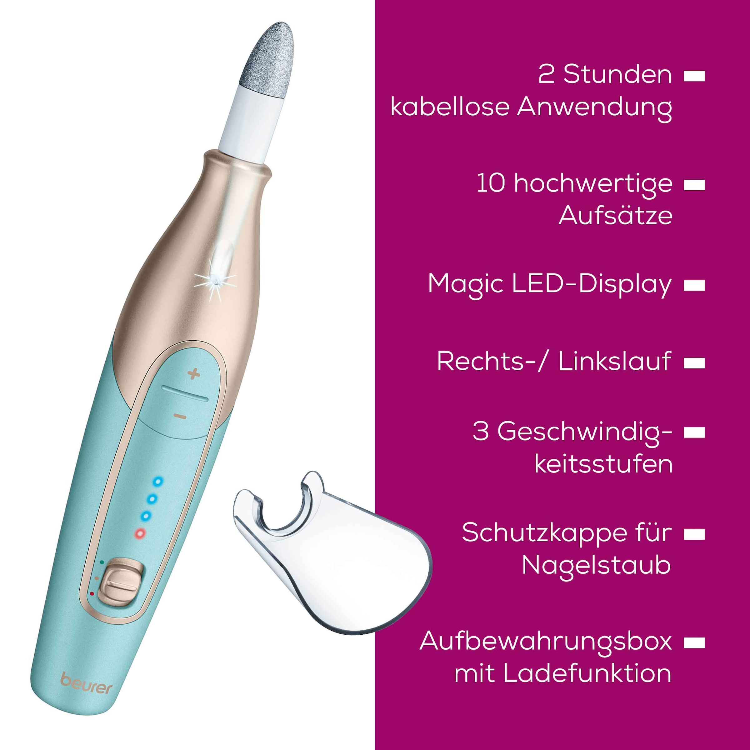 BEURER Maniküre-Pediküre-Set »MP 84 elektrische Nagelfeile, kabellos mit Lade- und Aufbewahrungsetui«, Mit 10 Aufsätzen, LED-Licht, Abschaltautomatik und Ladekontrollanzeige