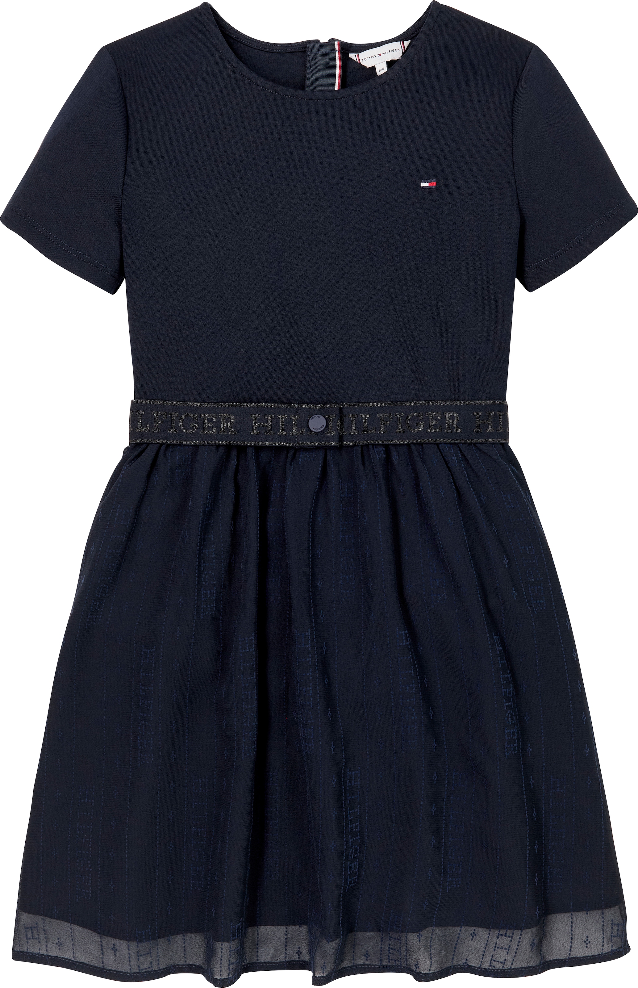 Tommy Hilfiger A-Linien-Kleid »HILFIGER PUNTO TULLE DRESS LS«, mit Logo auf Taillenbund