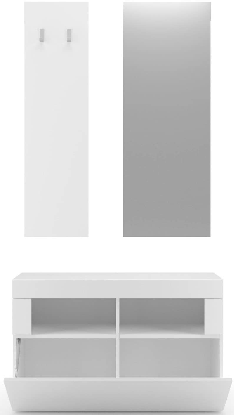 INOSIGN Garderoben-Set »Basic 3tlg. Breite 91 cm, Höhe 187 cm, Wandgarderobe«, (3 St.), (Schuhbank, Garderobenpaneel, Spiegel), Weiss Hochglanz Lack