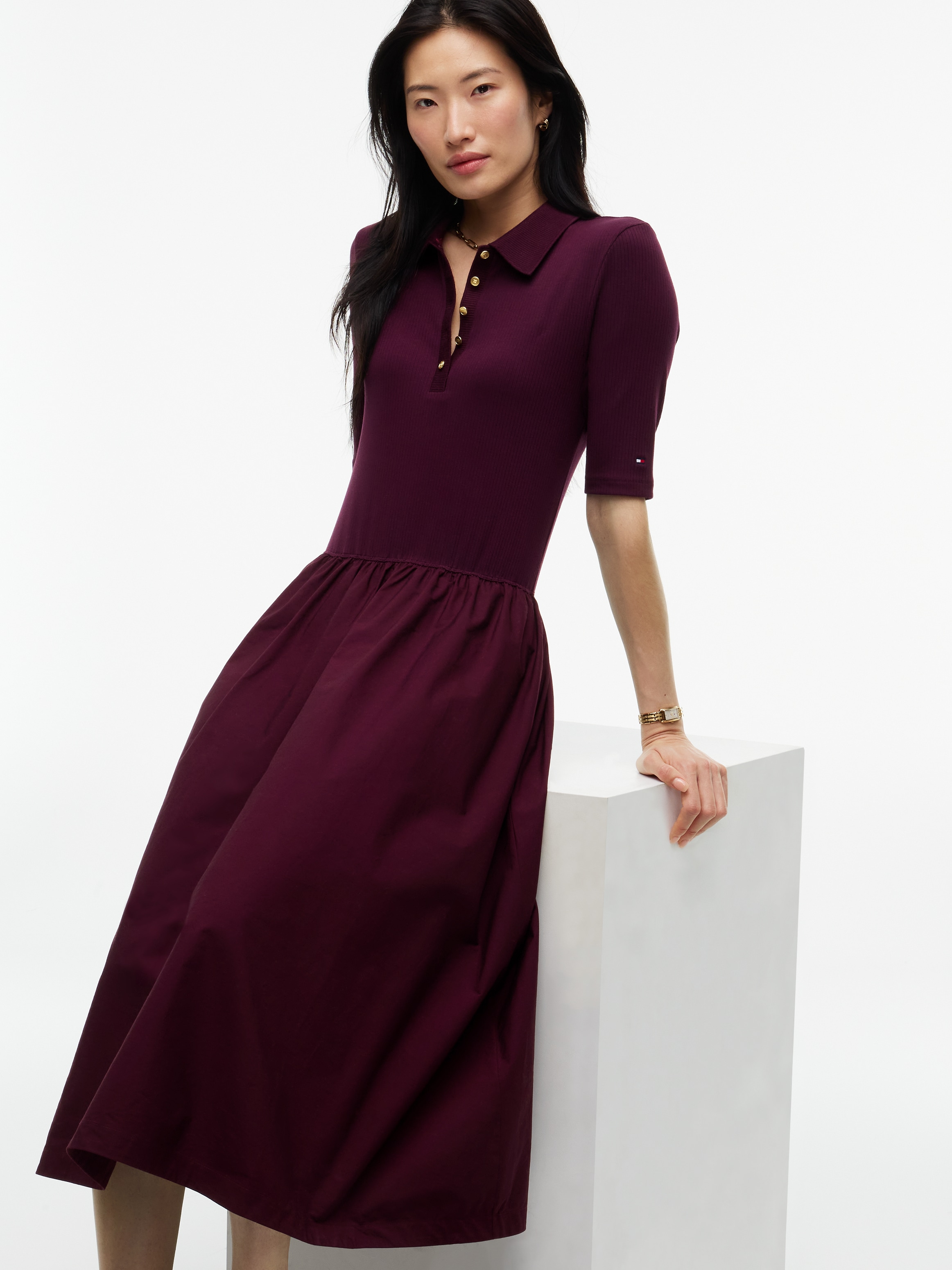 Tommy Hilfiger Midikleid »5X2 RIB F&F MIDI S/S POLO DRESS« Baumwolle, figurbetont, in gerippter Struktur