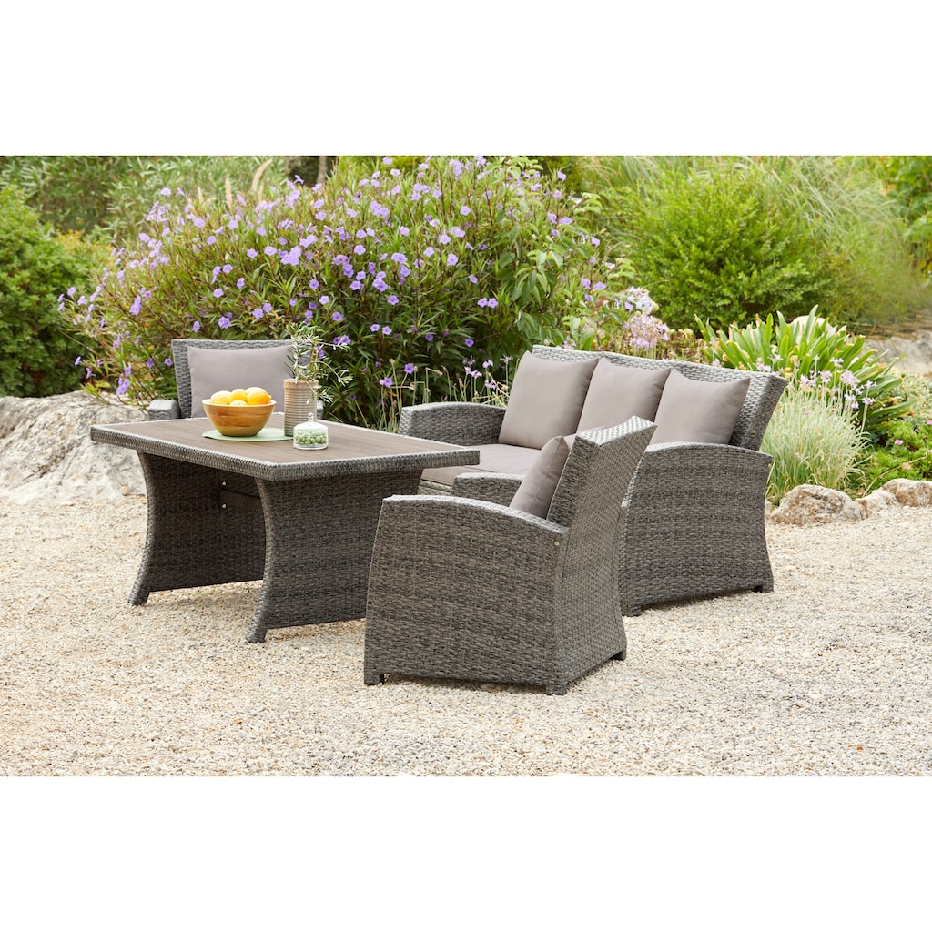 KONIFERA Gartenlounge-Set »Siros«, (Set, 12 tlg., 1x 3er Sofa, 2x Sessel, 1x Tisch 135x82x65cm, inkl. Auflagen)