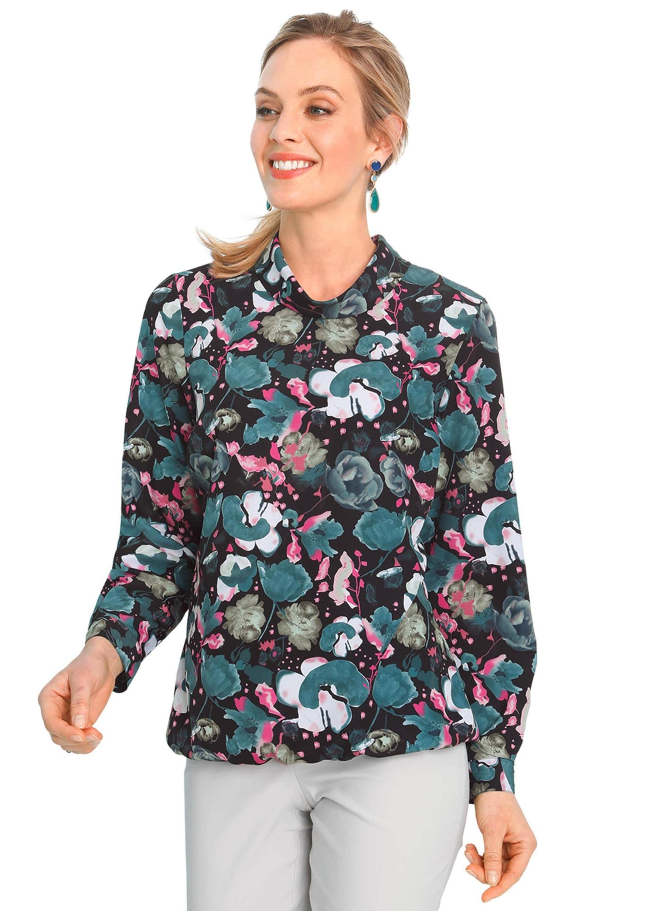 GOLDNER Klassische Bluse »Kurzgröße Abstrakte Druckbluse mit leichtem Glanz«