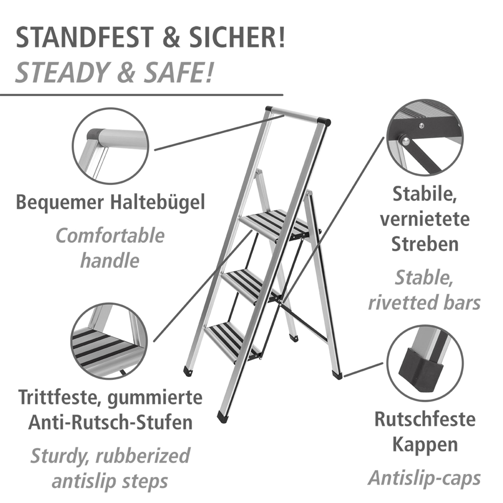 WENKO Trittleiter »Modell Alu-Design«, Klapptritt Leiter, rutschsichere XXL-Stufen, klappbar, bis 150 kg