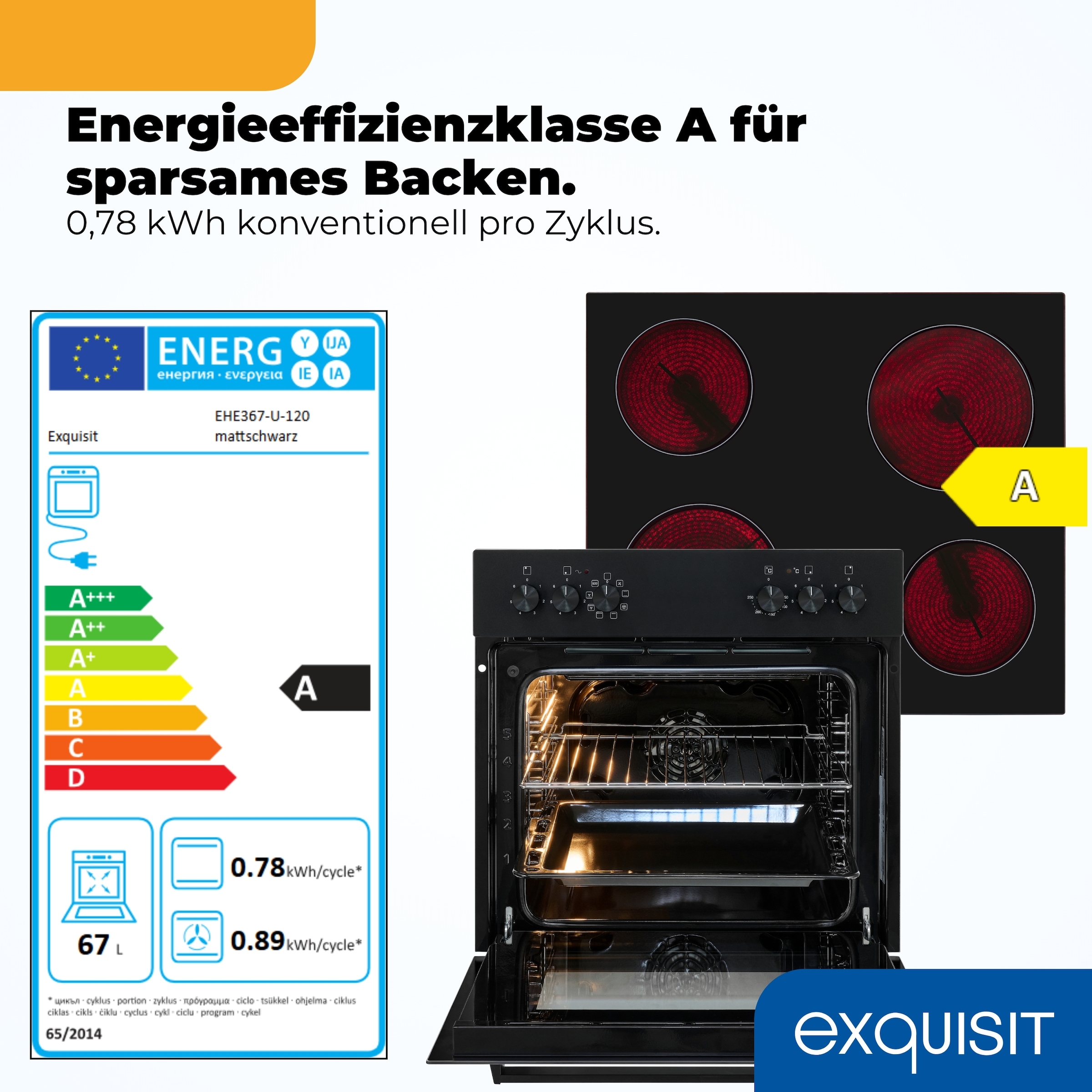 exquisit Elektro-Herd-Set »EHE367-U-120 mattschwarz-Set« Backofen;Glaskeramikkochfeld, 2 Stk. tlg. Modern, trendiges Mattschwarz,Umluft ideal für mehrere Plätzchenbleche