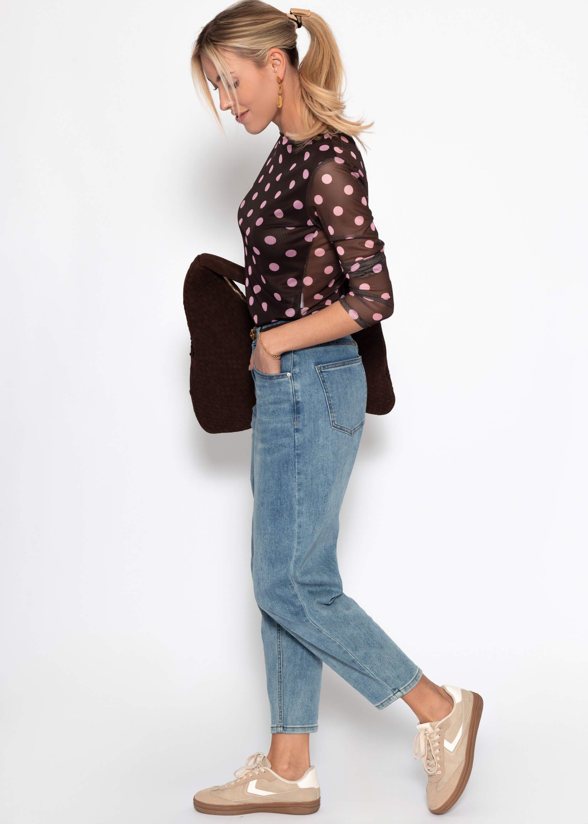 SASSYCLASSY Langarmshirt »Mesh Langarmshirt mit großen Punkten« Leichtes Shirt mit gefütterter Vorderseite und Rundhalsausschnitt