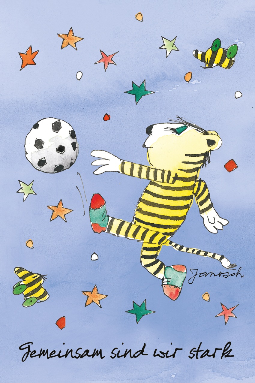 LuckyLinde Wanddekoobjekt »Der kleine Tiger mit Fußball - Gemeinsam stark«, (1 St.), Exklusive JANOSCH Kindermotive, Stahlschild