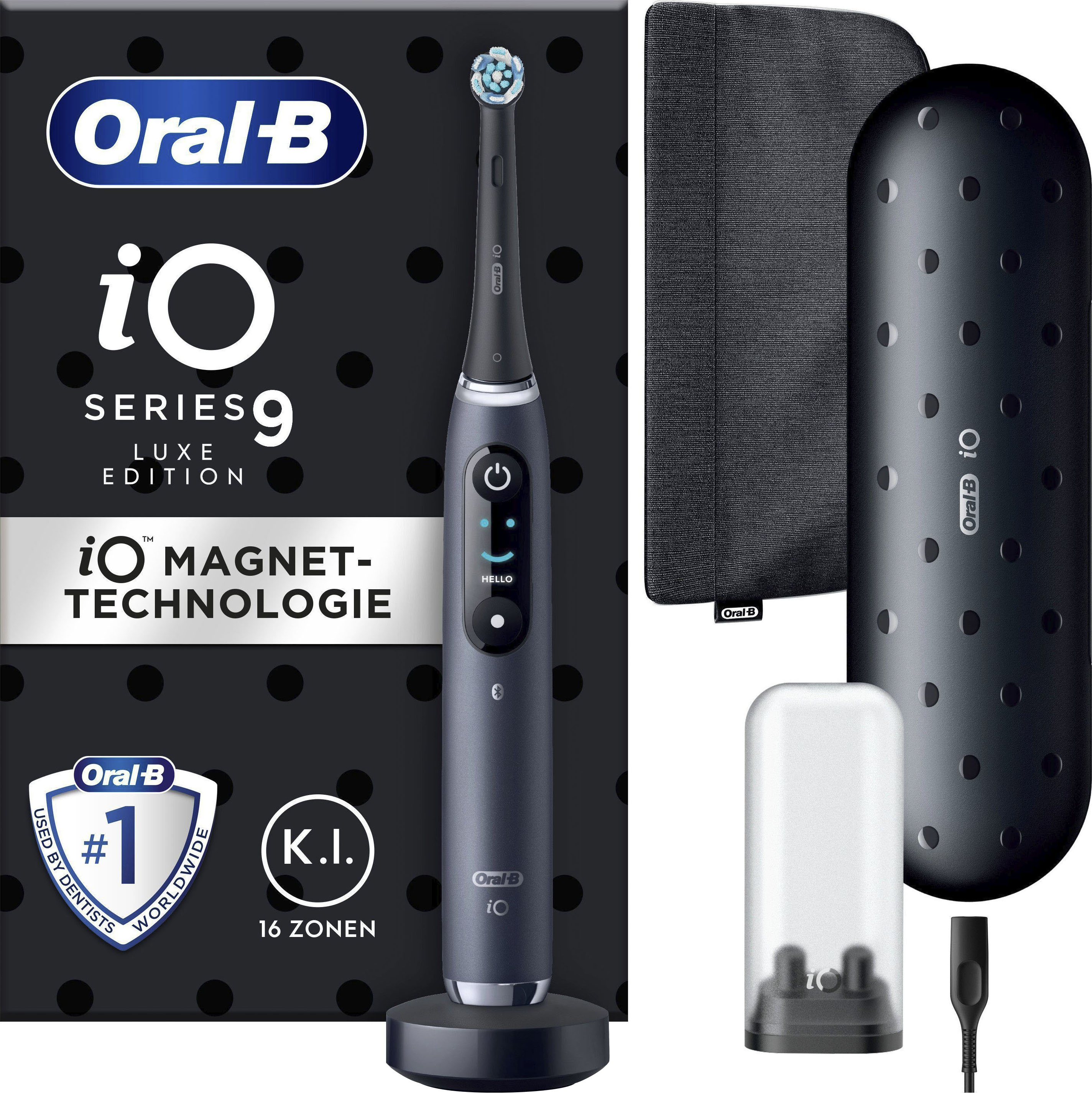 Oral-B Elektrische Zahnbürste »iO 9 Luxe Edition« 1 Stk. Aufsteckbürsten mit Magnet-Technologie, 7 Putzmodi, Farbdisplay & Lade-Reiseetui in schwarz