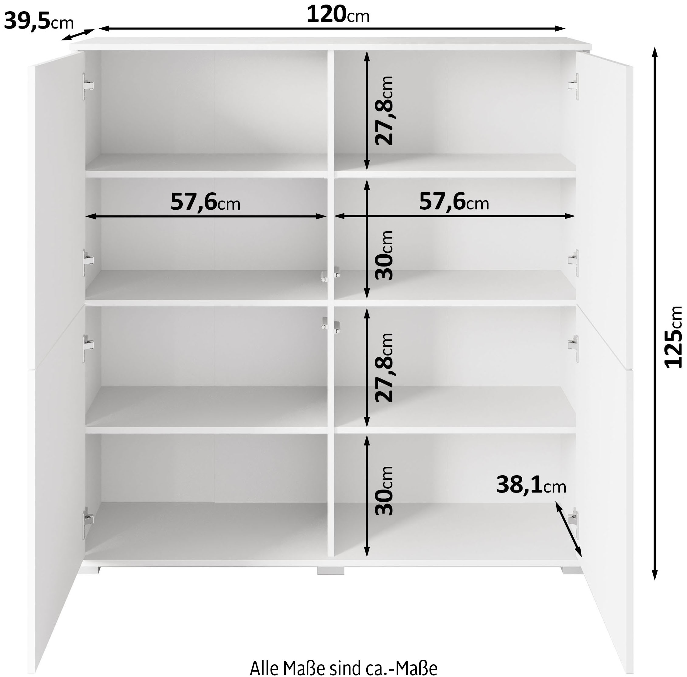 INOSIGN Highboard »Kenia, moderne grifflose Hochkommode mit 4 Türen, Breite 120 cm«, (1 St.), Push-to-Open-Fronten, höhenverstellbaren Einlegeböden