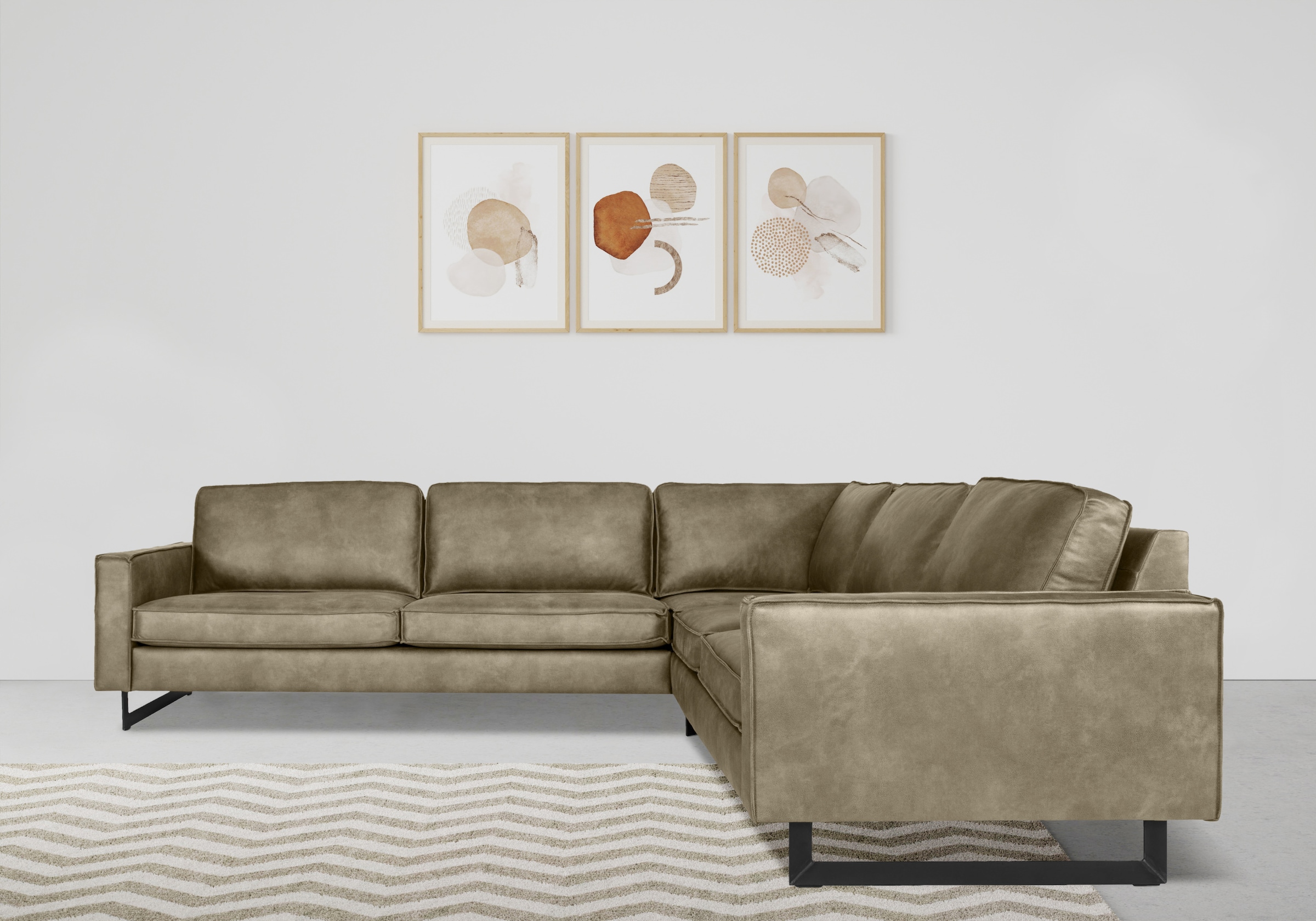 Places of Style Ecksofa »Pinto, XXL, 250/290 cm, langer Schenkel, Ottomane«, Cord, Chenille, Lederoptik, mit Keder, Metallfüße, Wellenunterfederung