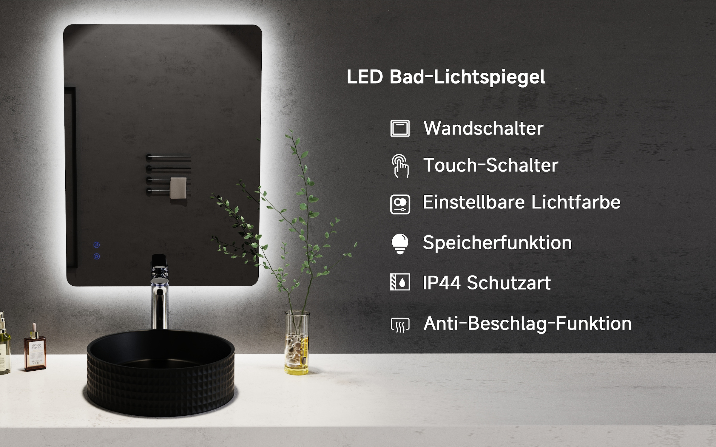 welltime LED-Lichtspiegel »Toledo eckig, Spiegel mit LED Beleuchtung, Badspiegel« mit Anti-Fog Beschichtung