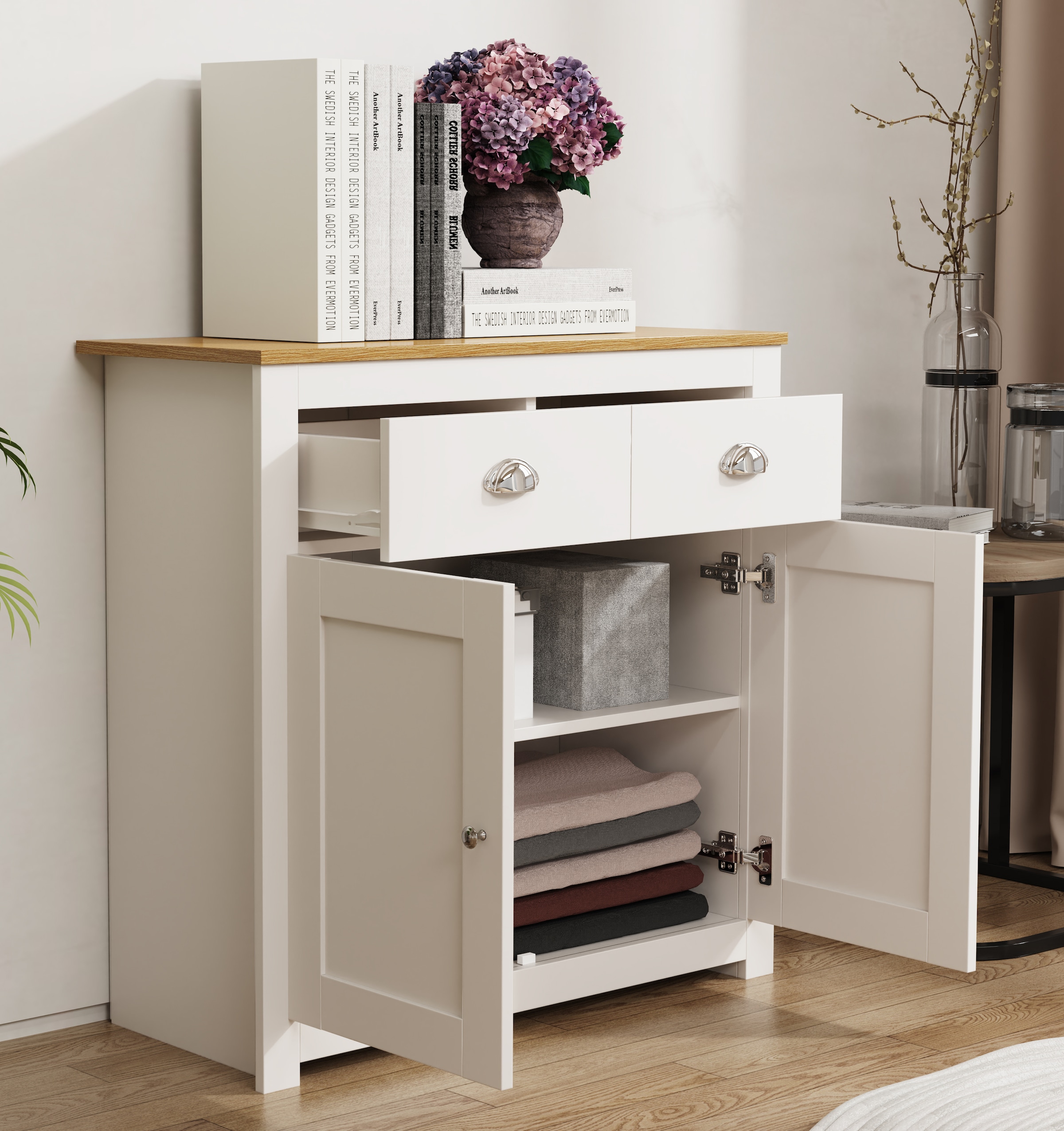 VCM Kommode »VCM Holz Kommode | Sideboard mit Drehtüren und Schubladen | Maße ca. H. 81 x B. 82 x T. 35 cm - Balusa L«, (VCM Balusa)