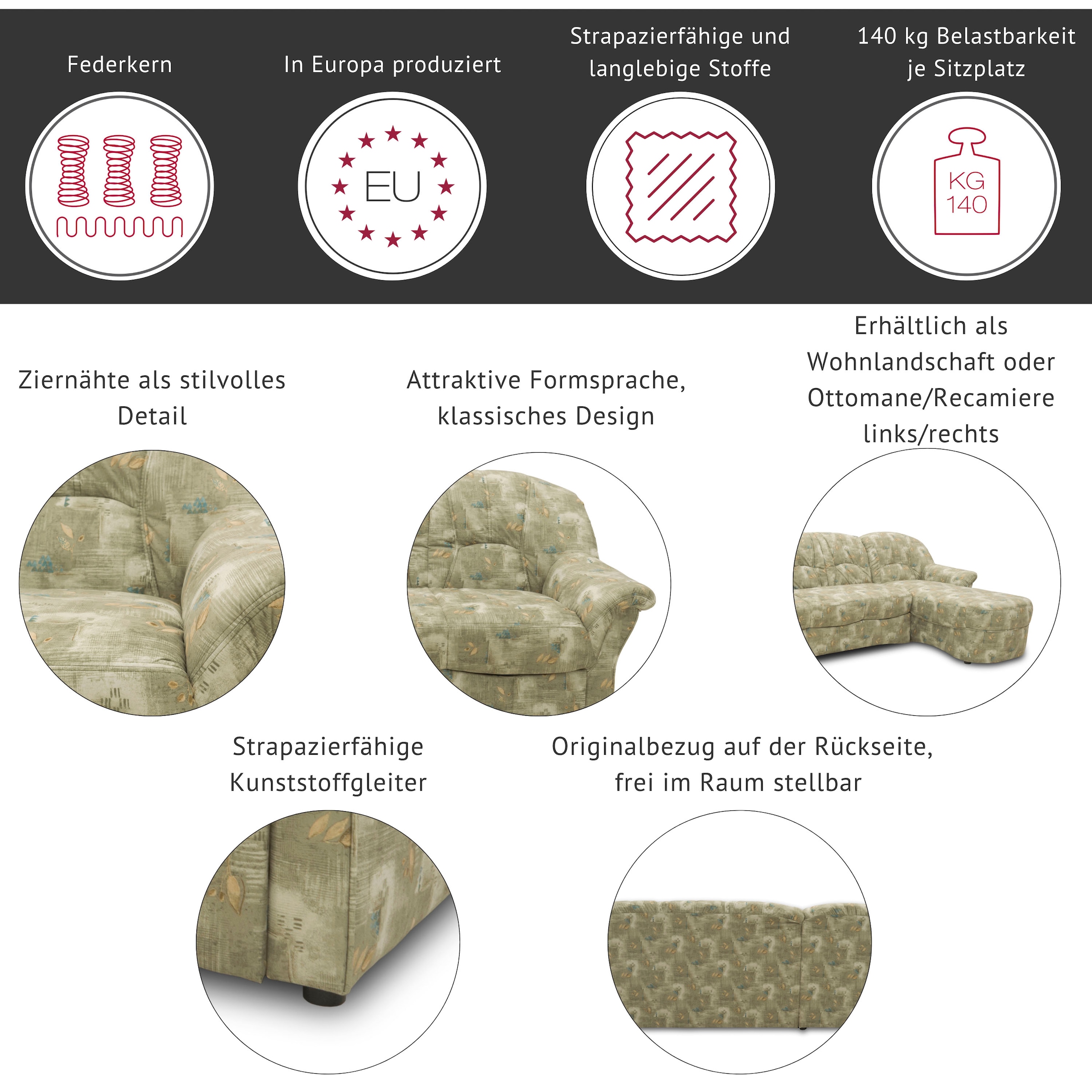 DOMO collection Ecksofa »Bahia L-Form, B/T: 256/200 cm, belastbar bis 140kg/Sitz, mit Federkern« Microfaser, natur
