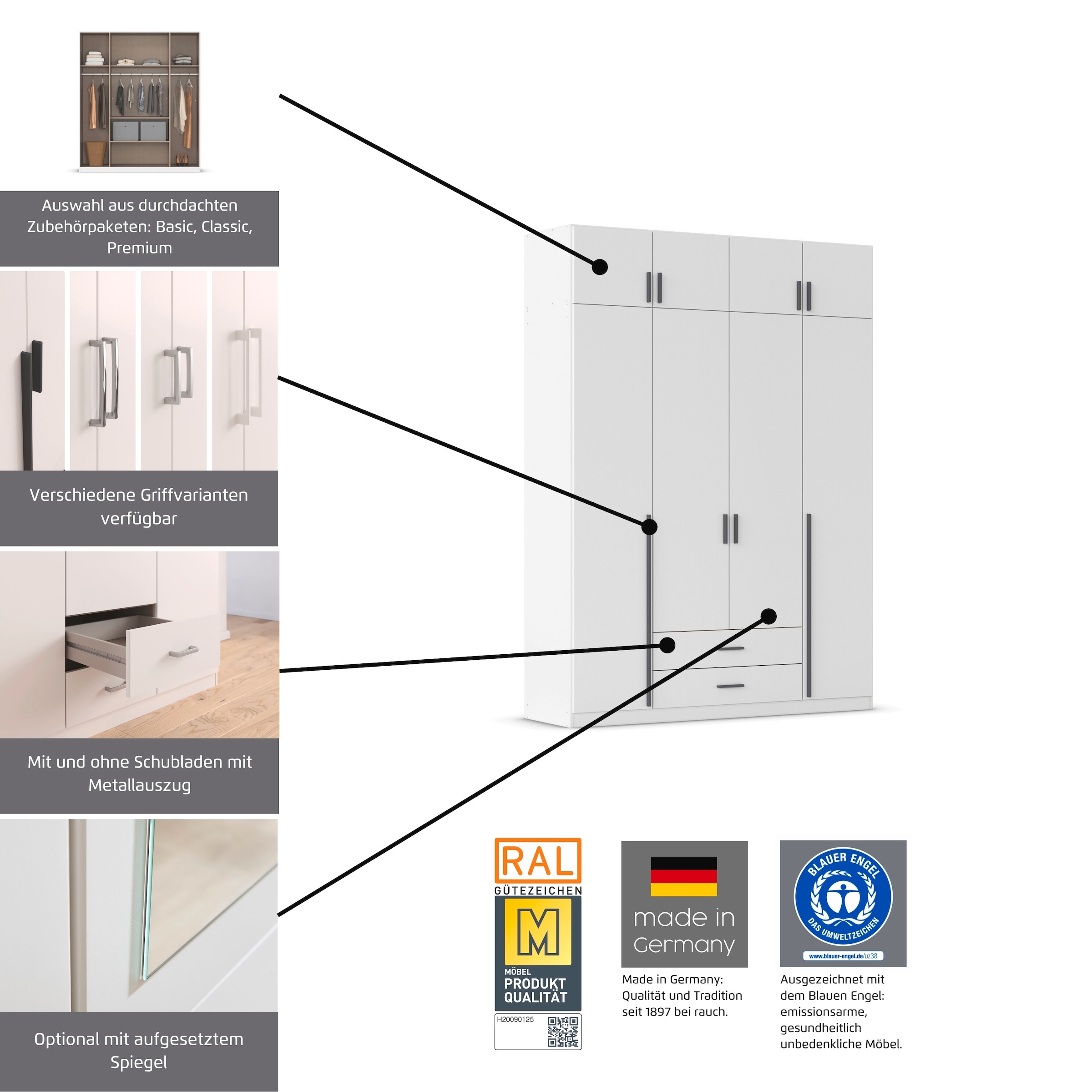 rauch Kleiderschrank »Schrank Garderobe Wäscheschrank GAMMA in 4 Breiten 91-226 cm« 3 verschiedene Ausstattungen BASIC/CLASSIC/PREMIUM (inkl. SOFT-CLOSE),  mit Schubladen und Schrankaufsatz, schlichtes Design MADE IN GERMANY