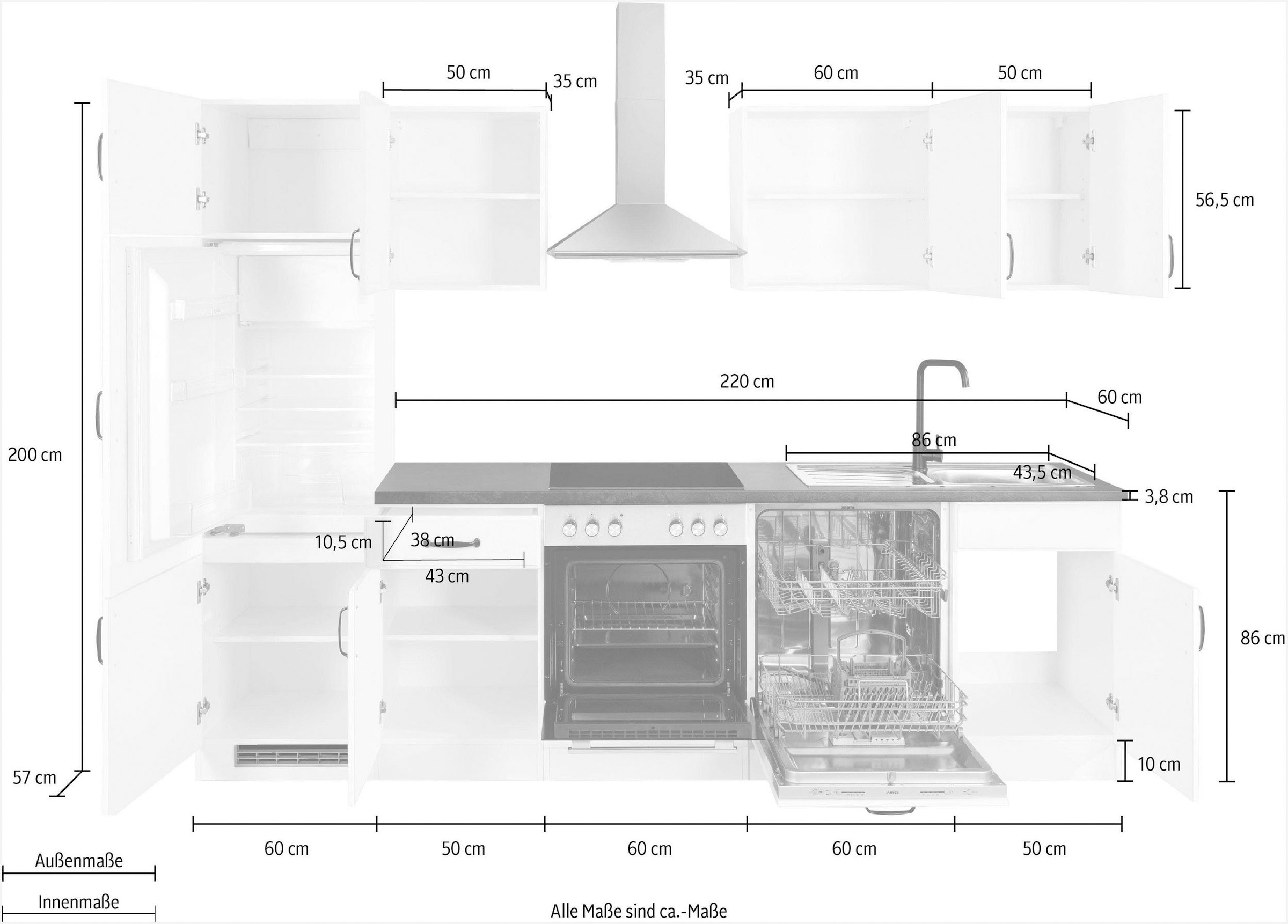 wiho Küchen Küchenzeile »Erla«, mit E-Geräten, Breite 280 cm