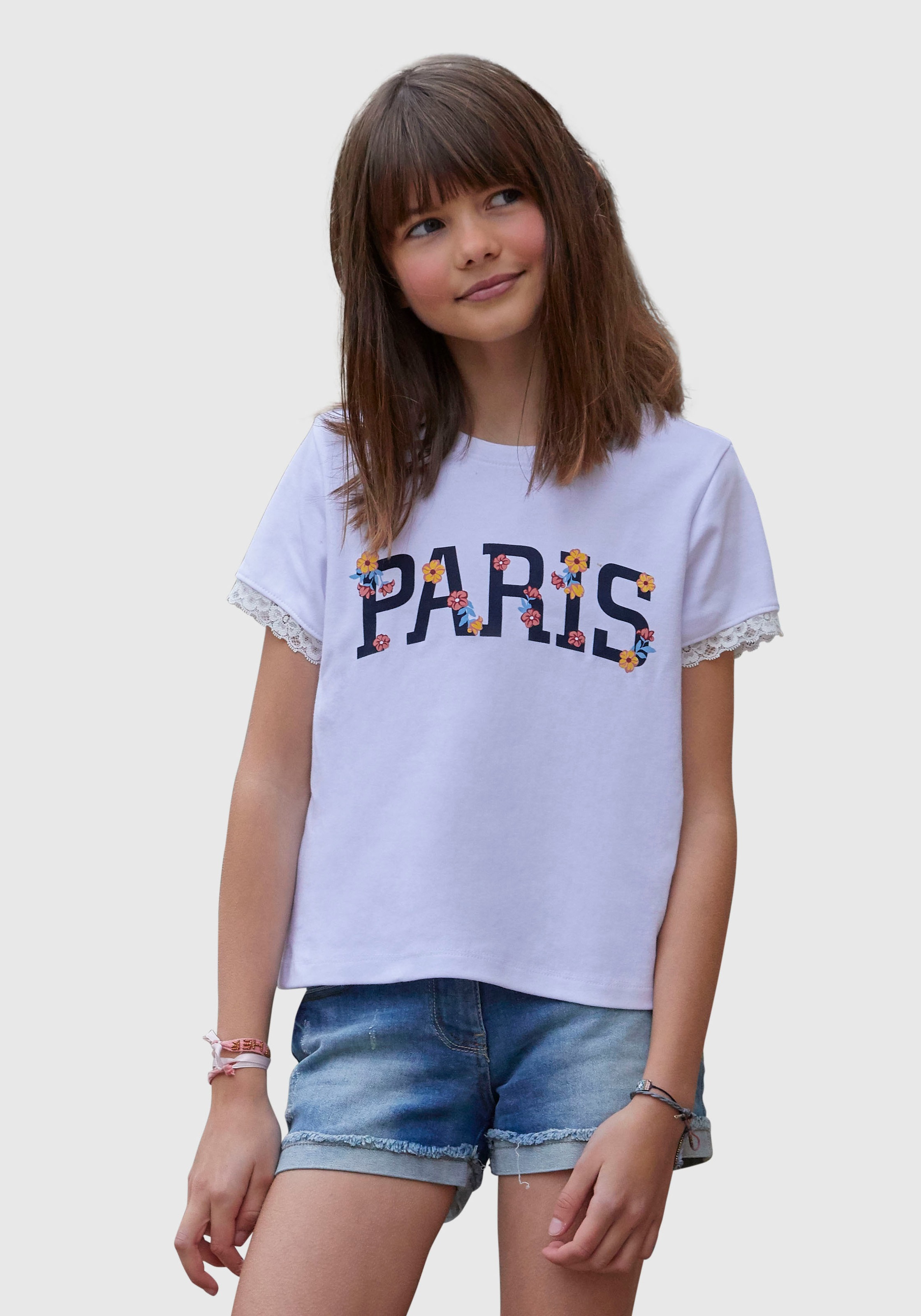 KIDSWORLD T-Shirt »PARIS«, mit kleiner Spitze am Ärmel