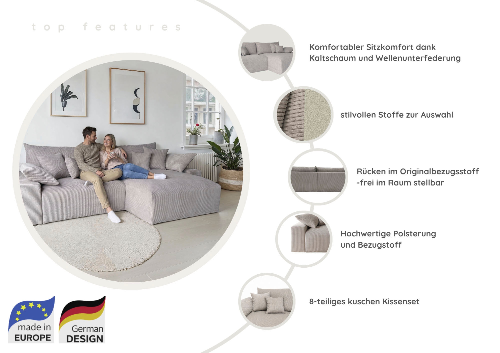 OTTO home Ecksofa »Amici L-Form, B: 302 cm, Mega-Sofa in Boucle und Cord« Couch mit Federkern & 6 Zierkissen, frei stellbar