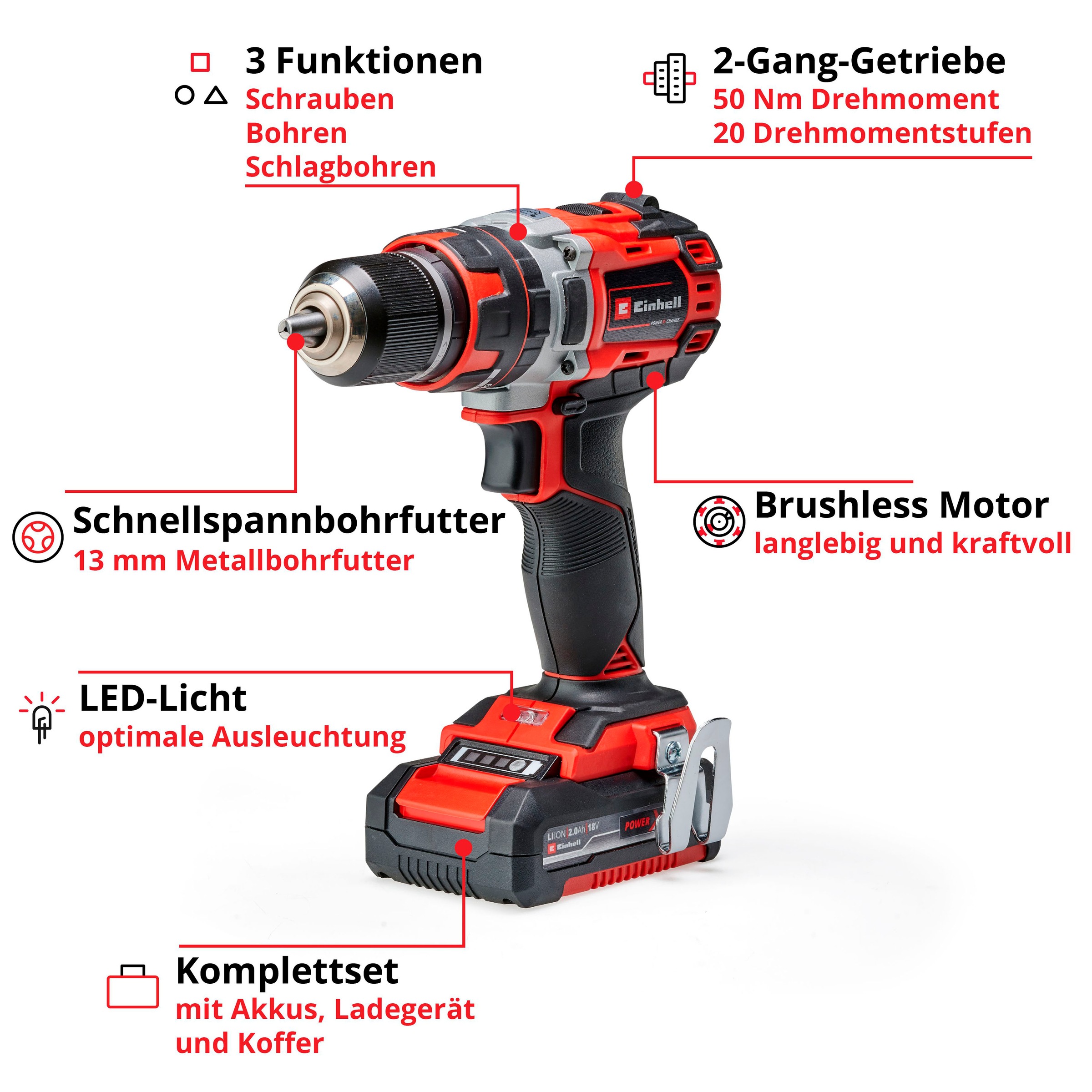 Einhell Akku-Schlagbohrschrauber »TP-CD 18/50 Li-i BL (2x2,0Ah)«, (Set, 5 tlg.), inklusive 2 Akkus, Ladegerät und Aufbewahrungskoffer