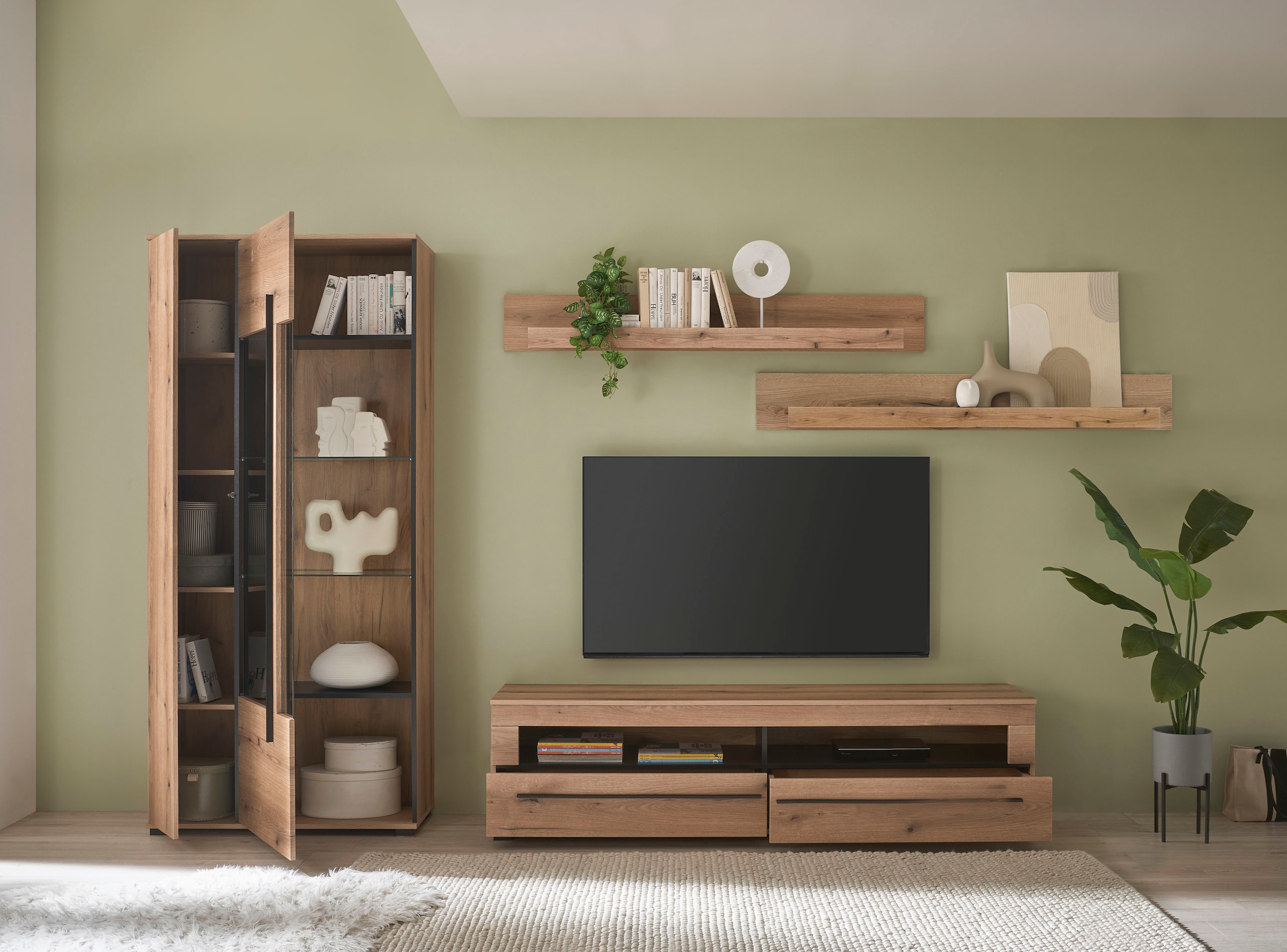 INOSIGN Wohnwand »Cantara, moderne Anbauwand, Wohnzimmer-Set, in Eiche Evoke oder Weiß«, (Set), enthält eine Vitrine, ein Lowboard und zwei Wandboards