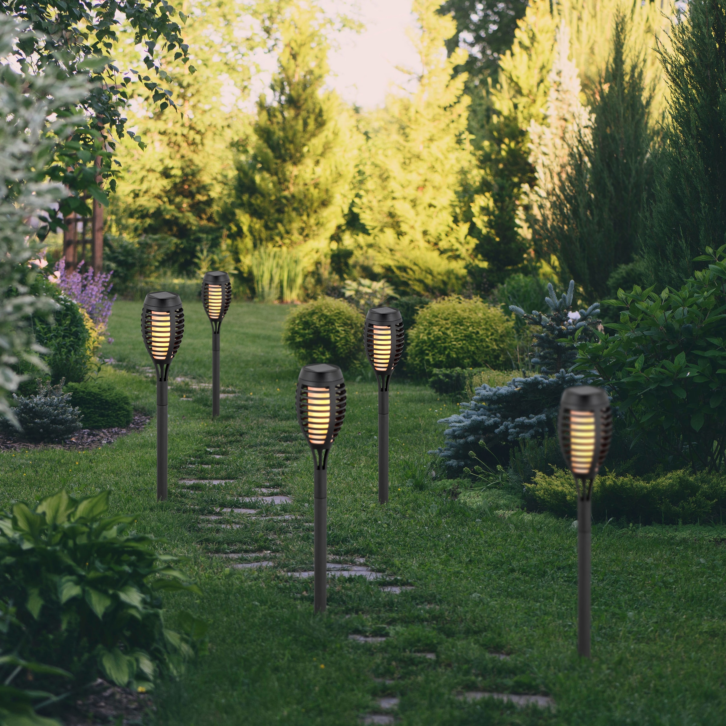 näve LED Solarleuchte »Fanilo« LED-Modul 5 Stk. Warmweiß 5er Set Fackeln, Flammeneffekt, schwarz, LED warmweiß, H: 45cm, D: 6cm