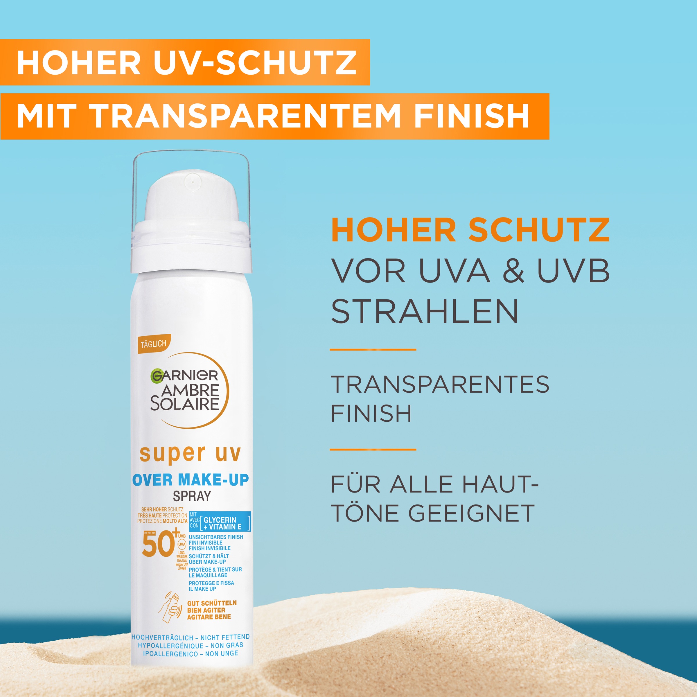 GARNIER After Sun-Spray »Garnier Ambre Solaire Super UV Over Make-up Spray«, LSF 50, zieht schnell ein ohne zu fetten, spendet Feuchtigkeit.