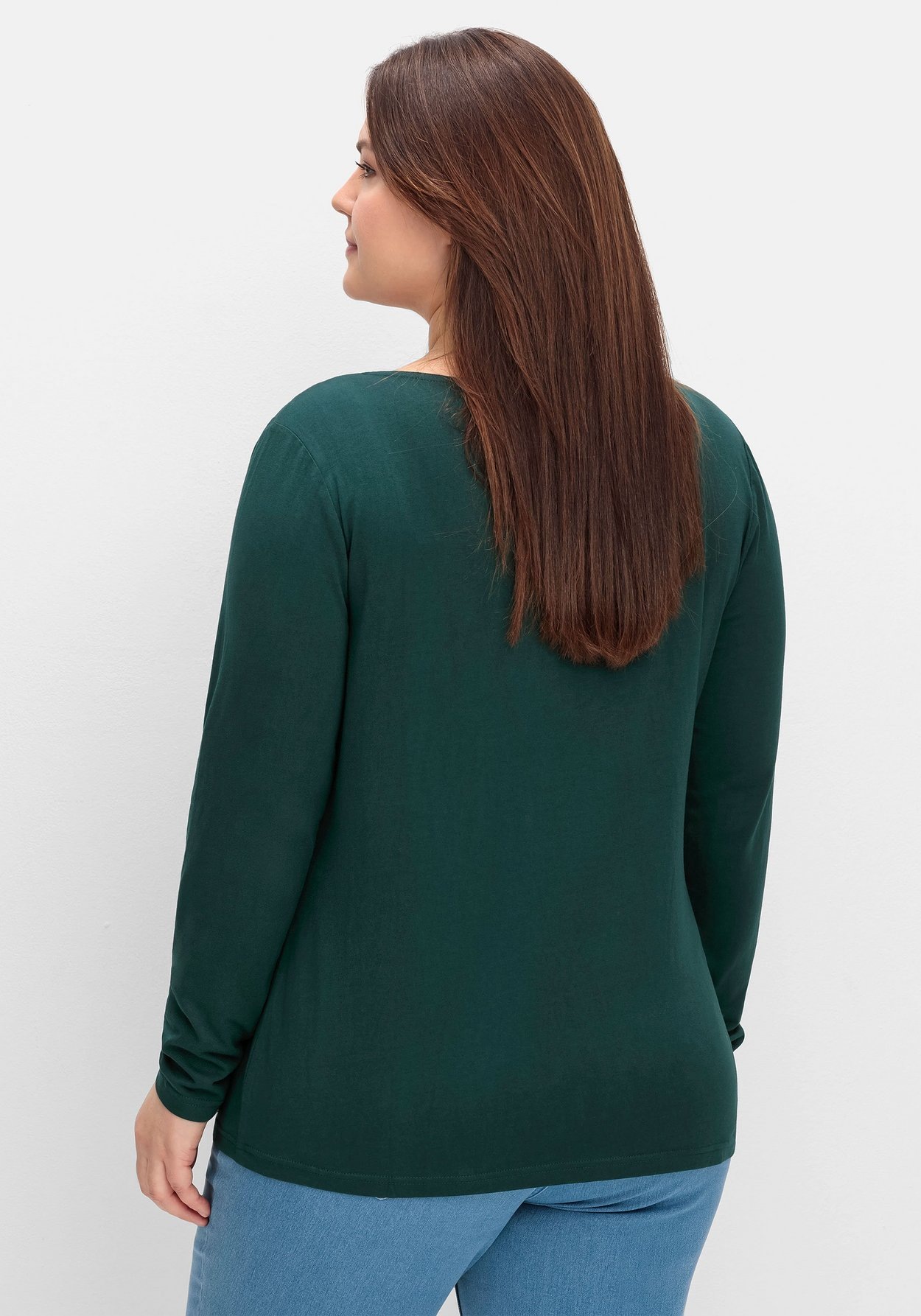 Sheego Langarmshirt »Langarmshirt mit Zierfalten am V-Ausschnitt, A-Linie«, mit Zierfalten am V-Ausschnitt, A-Linie