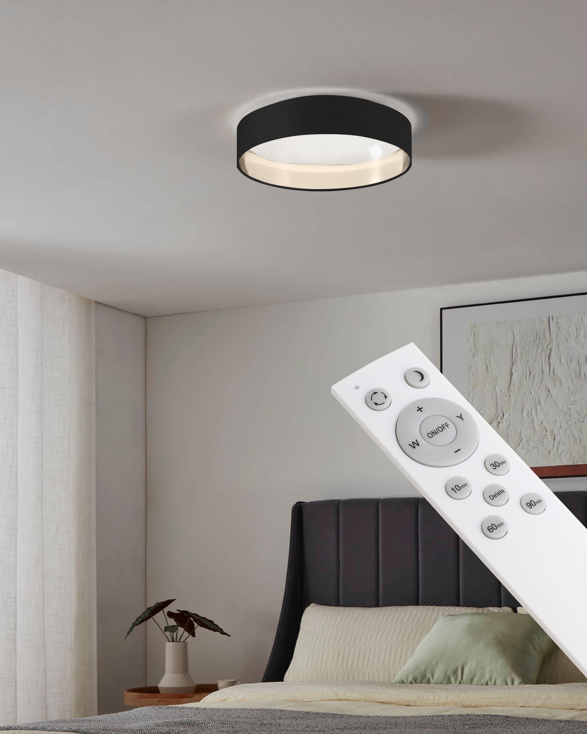 my home LED Deckenleuchte »Juria«, 1 flammig, Leuchtmittel LED-Modul | LED fest integriert, Deckenlampe Ø38 x H9 cm mit Textil-/Stoffschirm, CCT, Fernbedienung