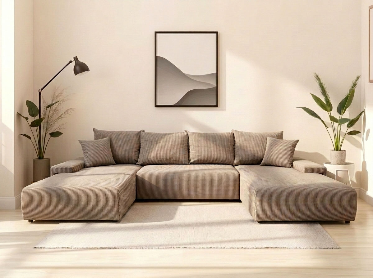 WERK2 Wohnlandschaft »Amalfi 348 x 188 cm modern & bequem, viel Platz mit Bett & Bettkasten« Cord, U-Form, XXL, Schlaffunktion, Bettkasten