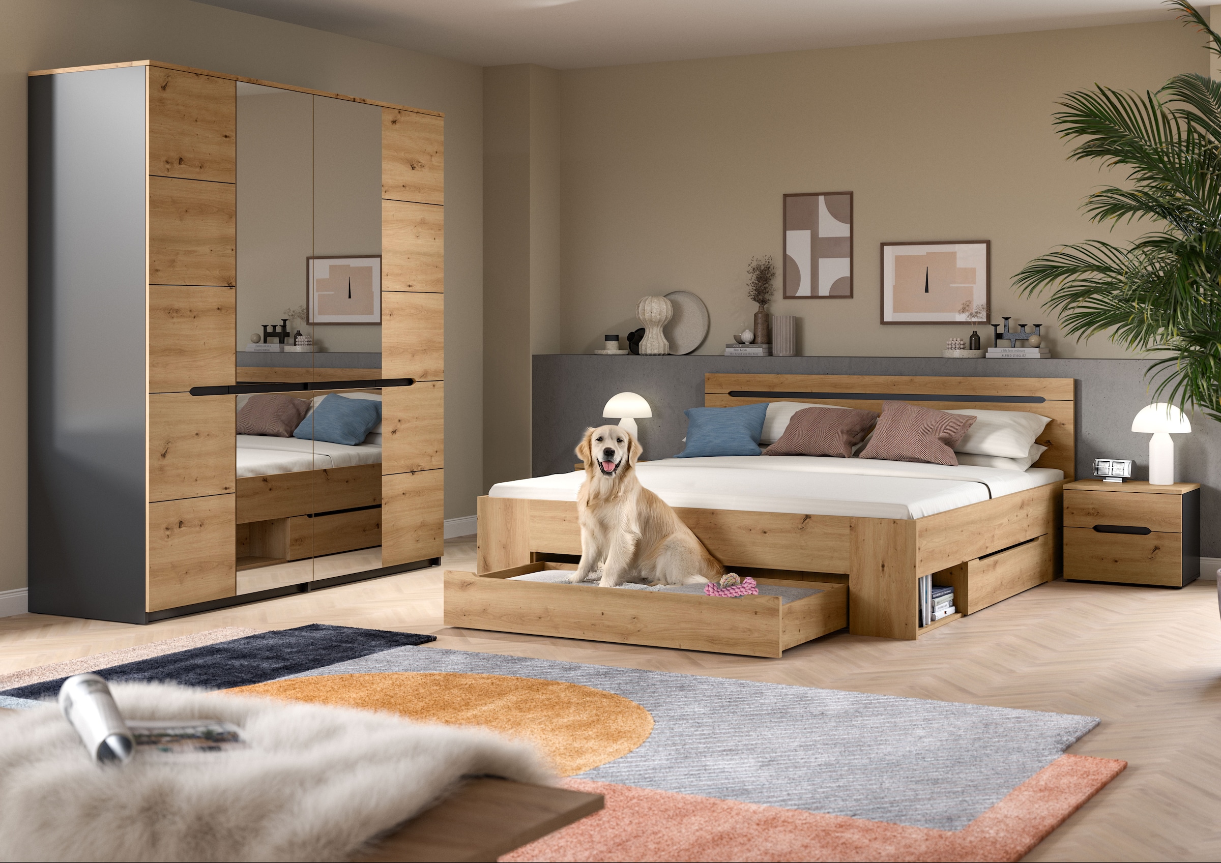 Home affaire Schlafzimmer-Set »REHAT, 4-teilig, best. aus: Bett, Kleiderschrank & 2x Nachtkommode« TOPSELLER!, für Matratzengröße 140x200 cm, viel Stauraum, 4 Stk. tlg. Rehat, Schlafzimmerset, Bett 180x200 cm, Nachttisch, Kleiderschrank