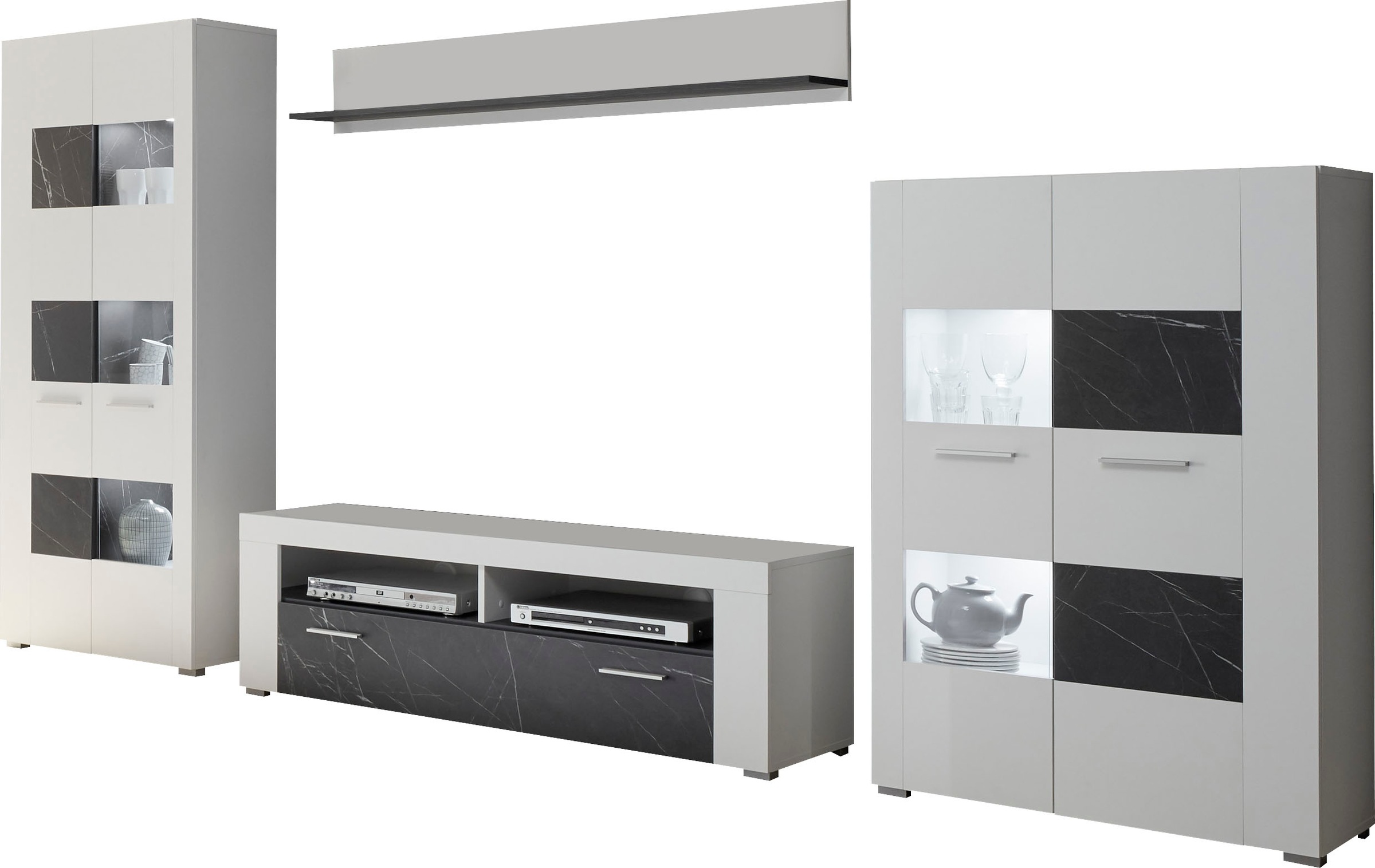 Premium collection by Home affaire Wohnwand »Madrid«, (4 St.), bestehend aus vier Möbelstücken, mit edlen Marmor Dekor und silberfarbenen Metallleisten, Breite ca. 310 cm