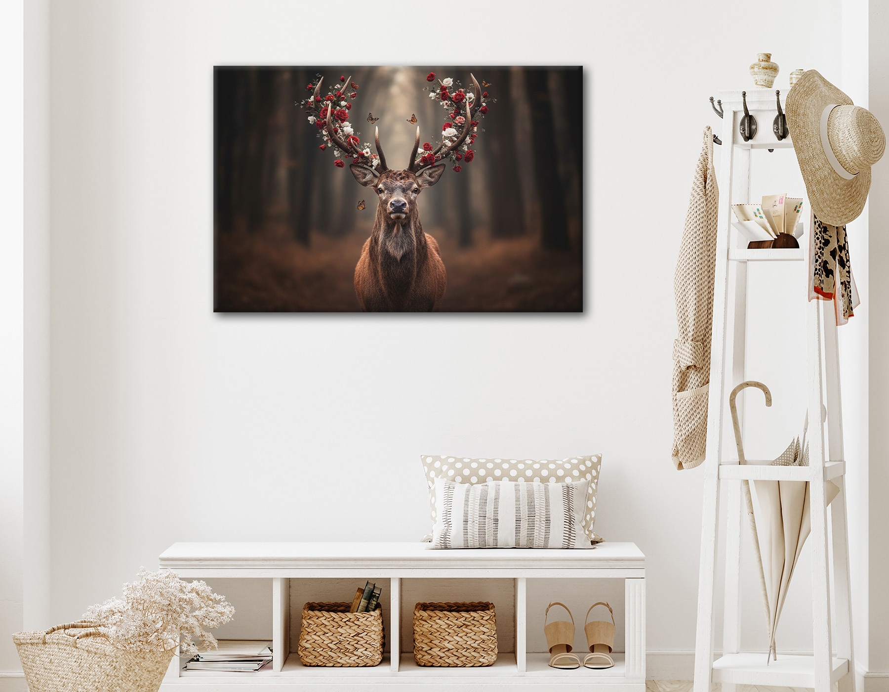 Bönninghoff Bild »HIRSCH MIT BLUMEN 60x90 cm – Leinwandbild Keilrahmen Deko modern«