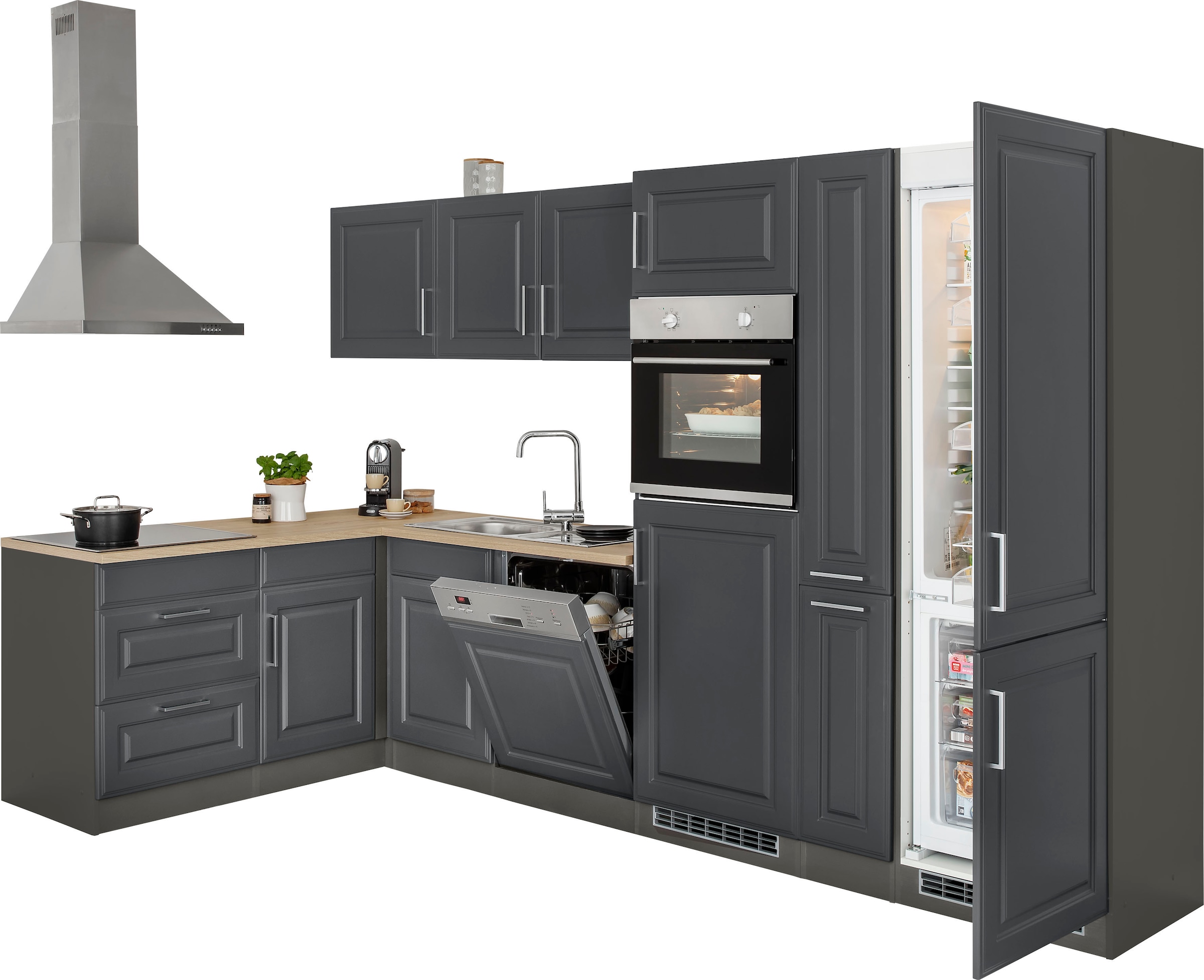 KOCHSTATION Winkelküche »KS-Stockholm – Küche mit hochwertiger und detailreicher Landhausfront« Stellbreite 320x170 cm, wahlweise mit E-Geräten, MDF-Fronten