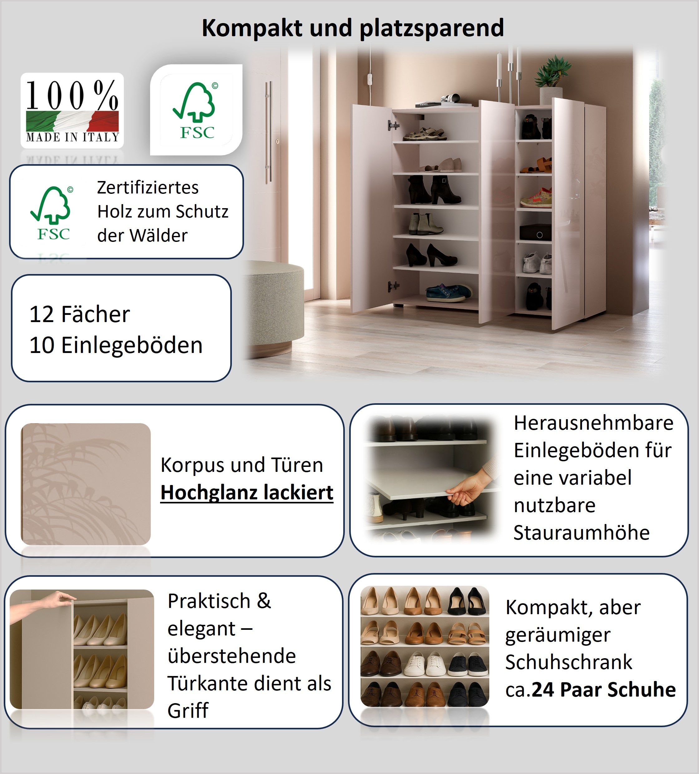 Home affaire Schuhschrank »MISTER- Schuhregal, Made in Italy, 12 Fächer, 10 Einlegeböden« Breite 120 cm, höhe 114 cm, komplett Hochglanz lackiert