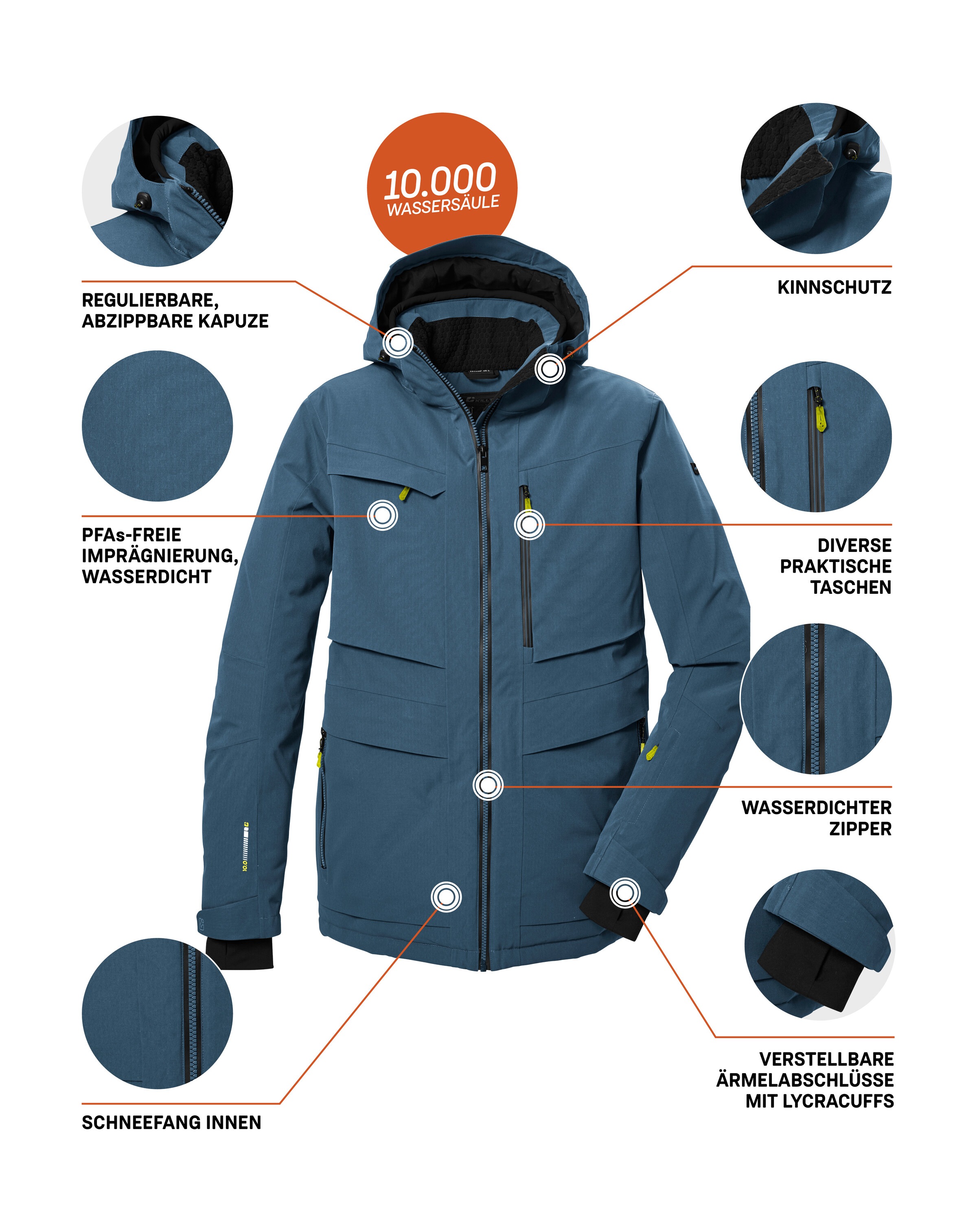 Killtec Skijacke »KSW 43 MN SKI JCKT«, Wasserdichte, atmungsaktive Herrenjacke mit abnehmbarer Kapuze