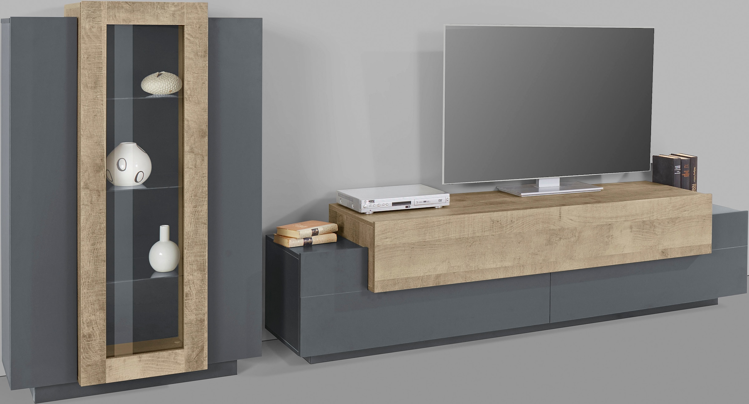 INOSIGN Wohnwand »Coro, Anbauwand, Medienwand«, (Set, 2 St.), Lowboard 4 Fächern Breite 200 cm und Vitrine 3 Türen Breite 80 cm