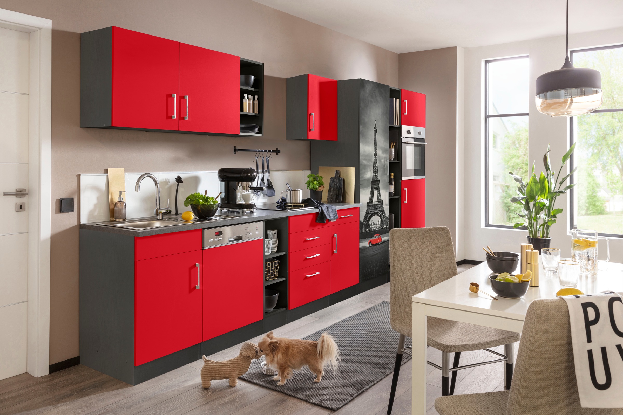 KOCHSTATION Küchenzeile »KS-Paris – Küchen mit einzigartigen Fotomotiven auf den Fronten« Breite 400 cm, wahlweise mit E-Geräten und Induktion