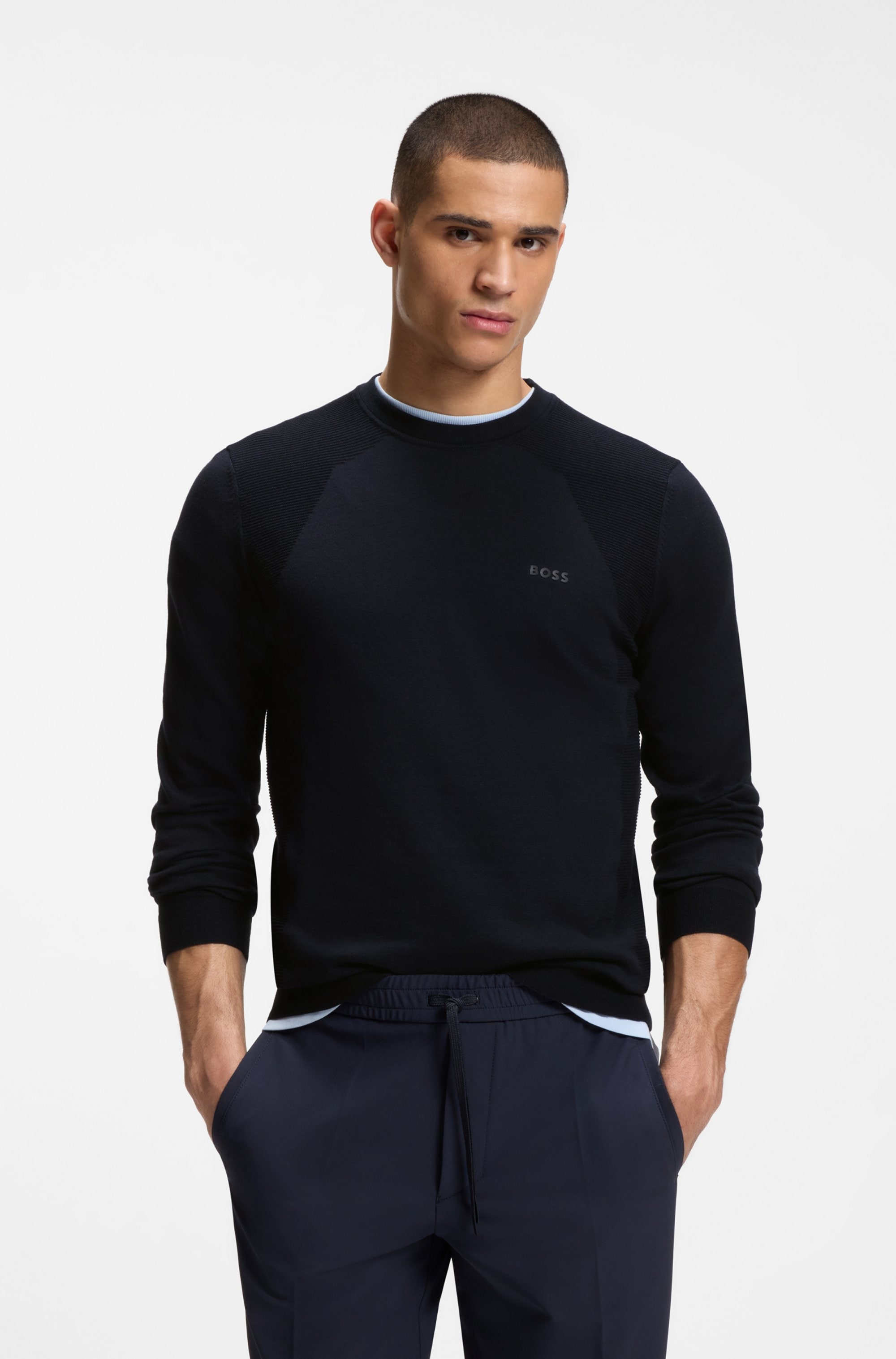 BOSS GREEN Strickpullover Rundhalsauswschnitt, Regular Fit, Struktur-Strick