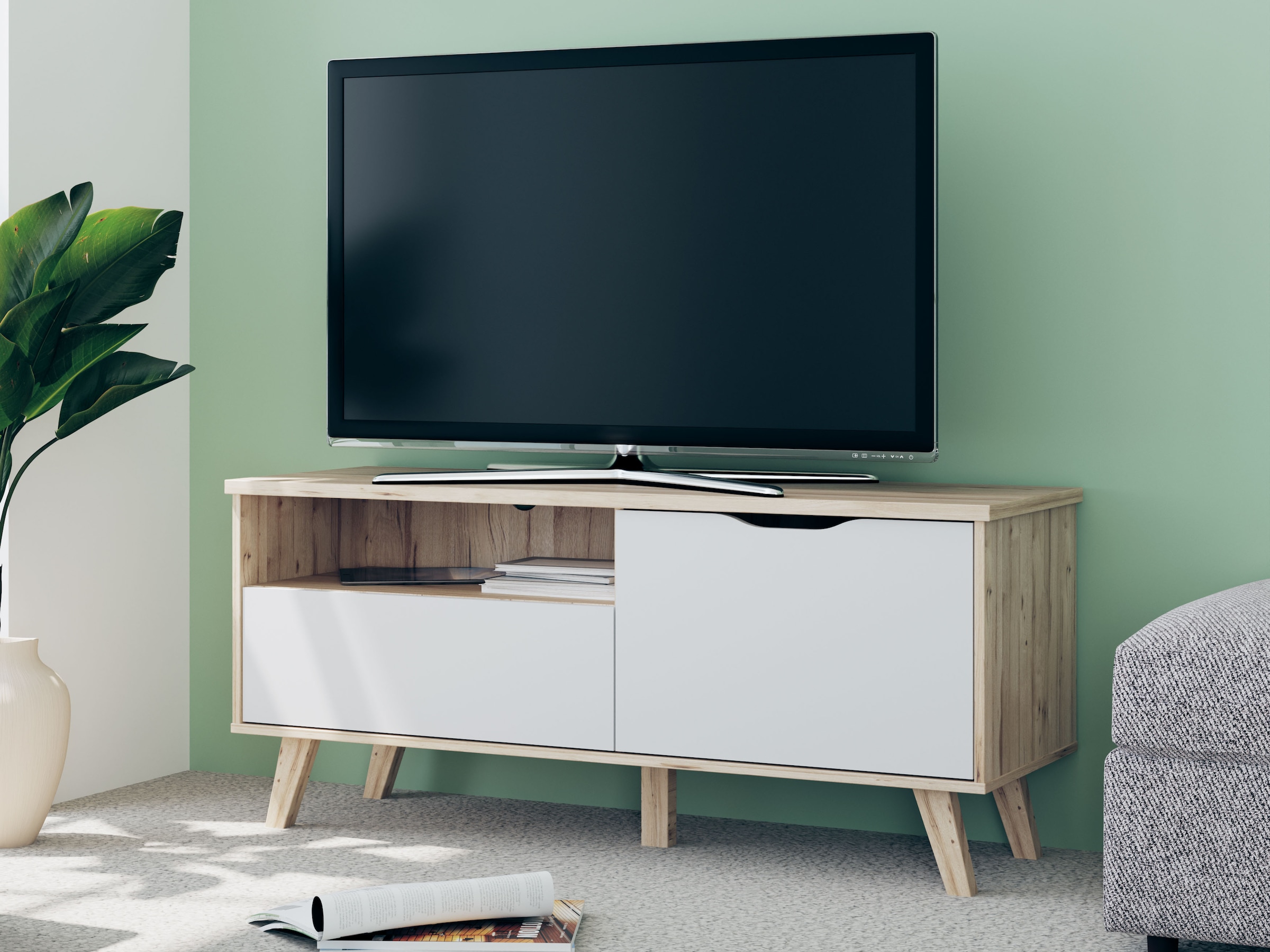 FORTE Lowboard »Vankka TV-Bank, TV-Board«, (B/H/T 124,4/54,3/41,7 cm), TV-Teil, ca. 125 cm breit, viel Stauraum, Echtholzbeine