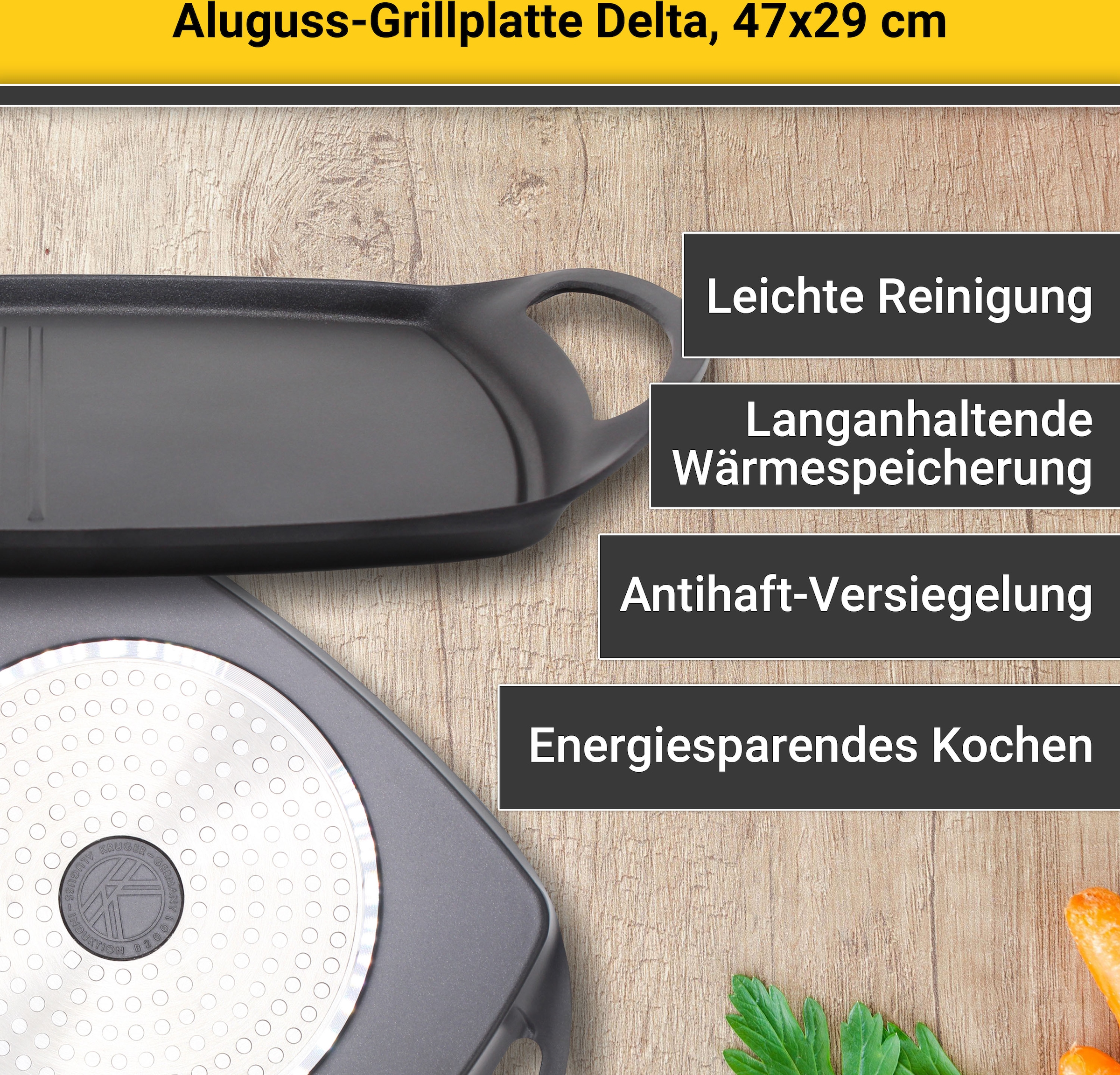 Krüger Grillplatte »Delta«, (1 St.), aus Aluminiumguss, für Induktions-Kochfelder geeignet, 47 x 29 cm