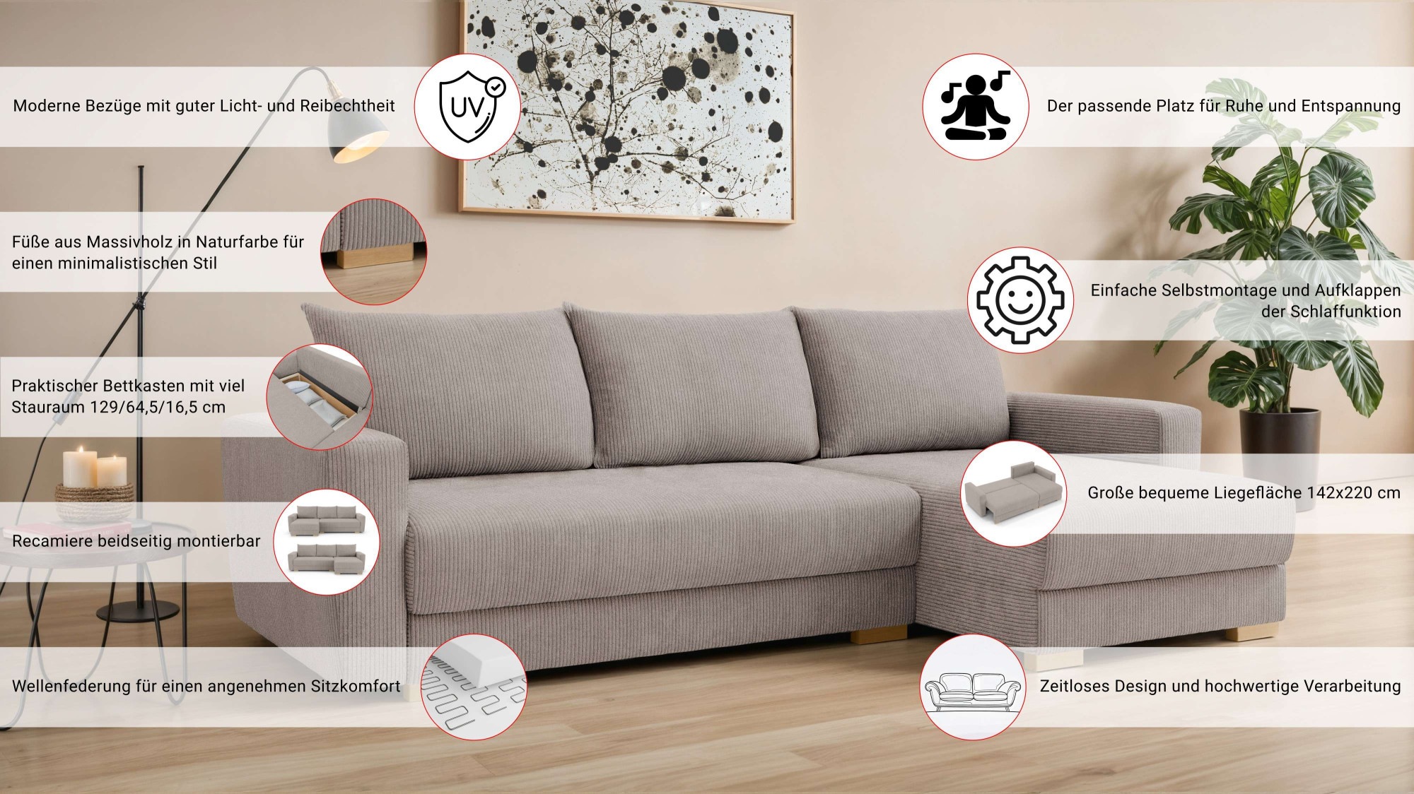 INOSIGN Ecksofa »MAGHERA universell Schlafsofa mit Bettkasten, Maße B/T/H: 255/142/84cm«, L-Form mit Recamiere rechts oder links montierbar, hoher Sitzkomfort