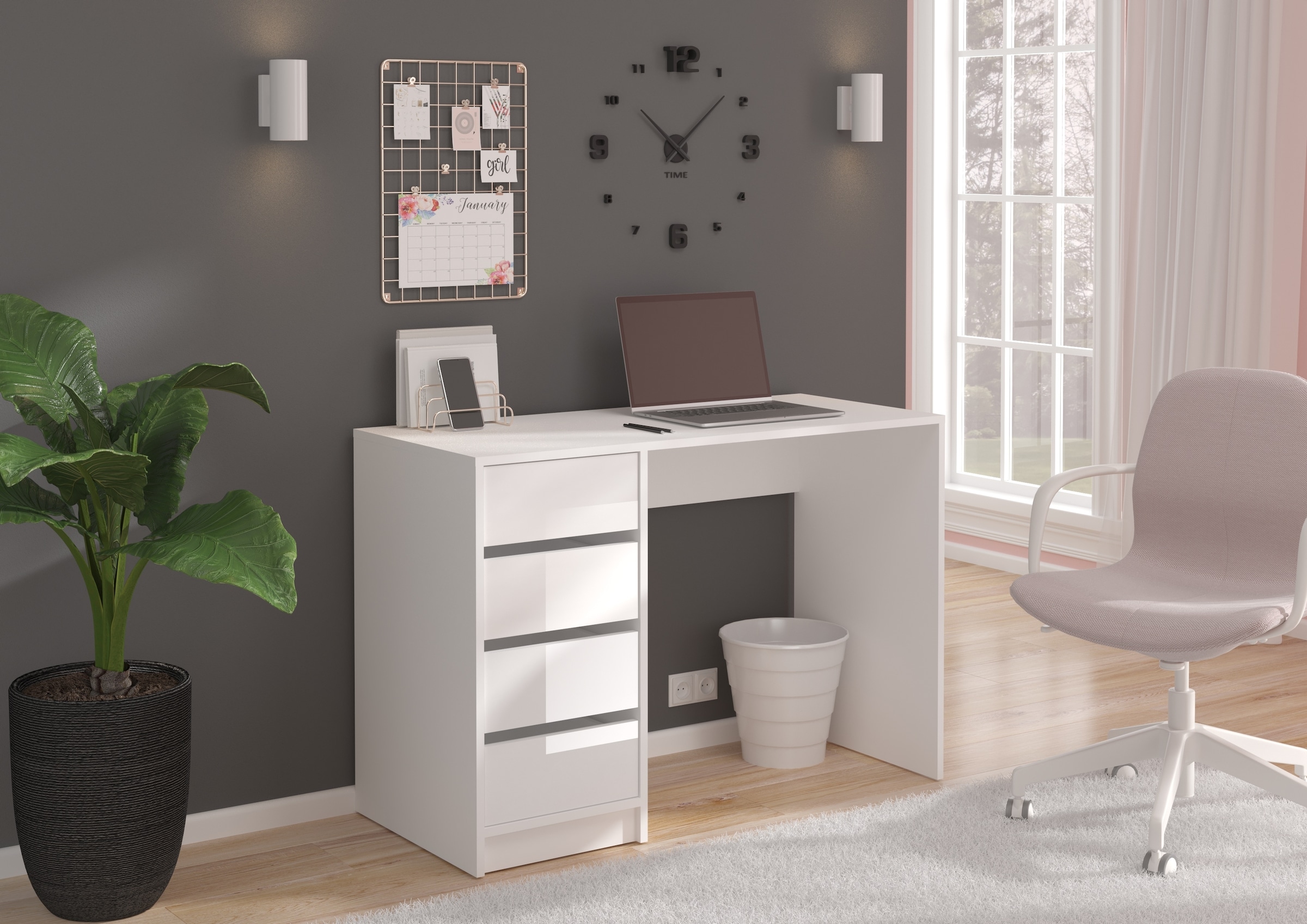 INOSIGN Schreibtisch »Pisa, Breite 110 cm, 4 Schubkästen, hochglanz Schubkastenfront«, grifflose Optik, individuell einsetzbar, Schminktisch, Homeoffice