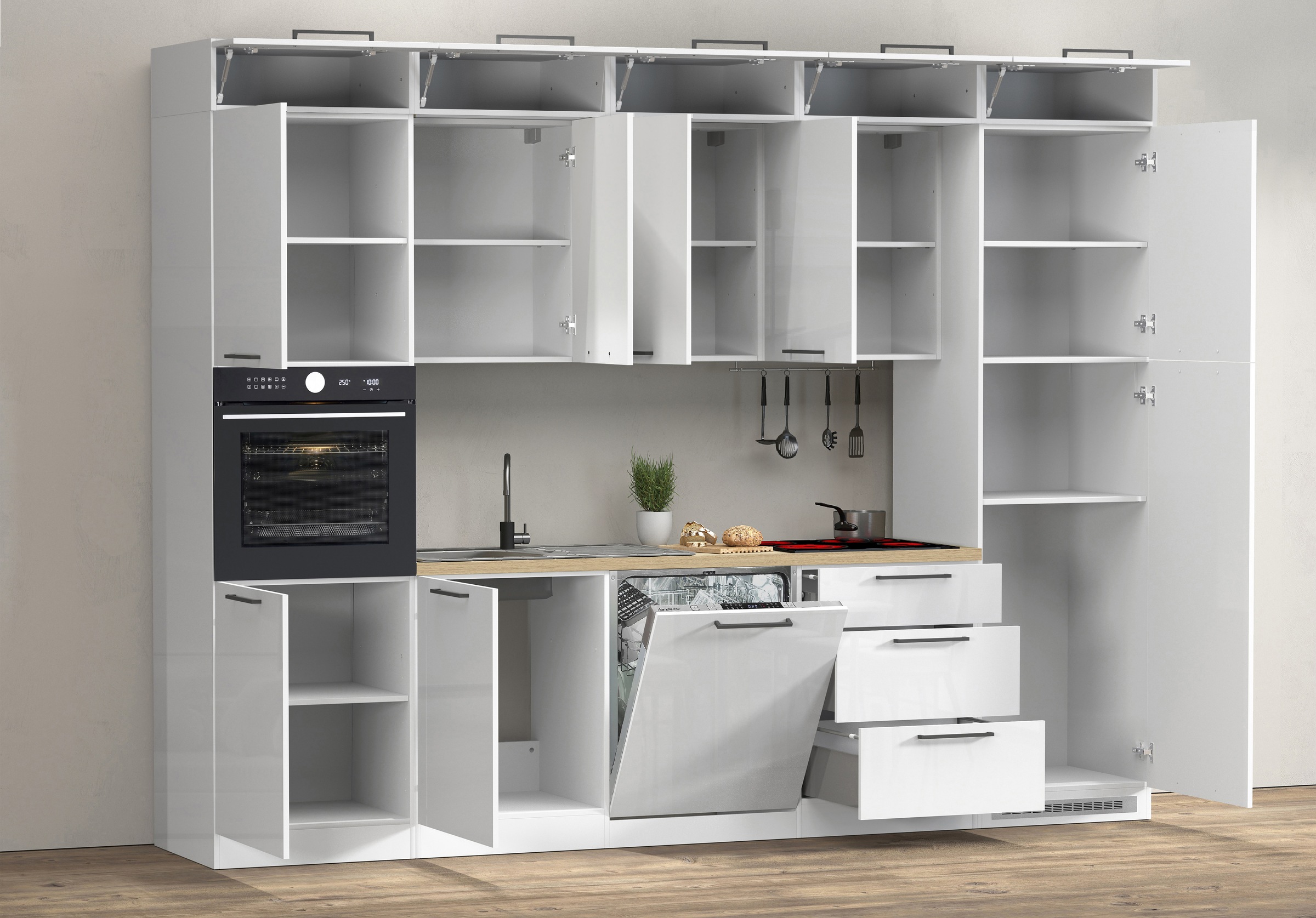 KOCHSTATION Küchenzeile »Luna, Einbauküche, Zeilenküche, mit Soft-Close Funktion, Made in Italy« Breite 300 cm ohne E-Geräte, mit Spüle+Siphon und Aufsatz