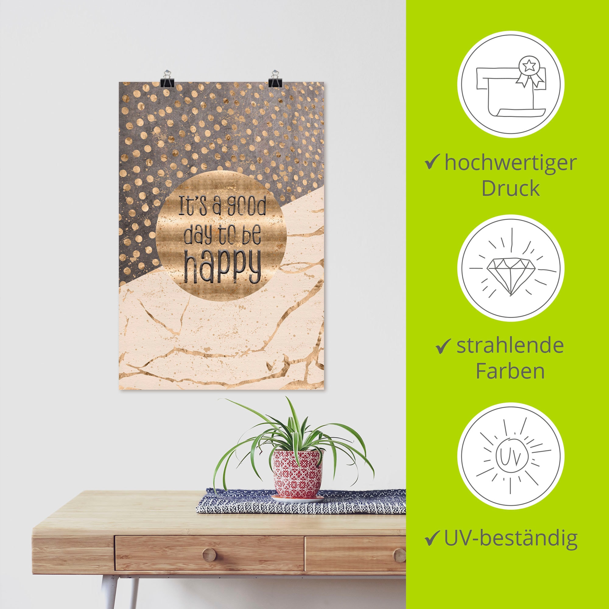Artland Wandbild »Ein guter Tag um glücklich zu sein«, Sprüche & Texte, (1 St.), als Alubild, Outdoorbild, Leinwandbild, Poster, Wandaufkleber