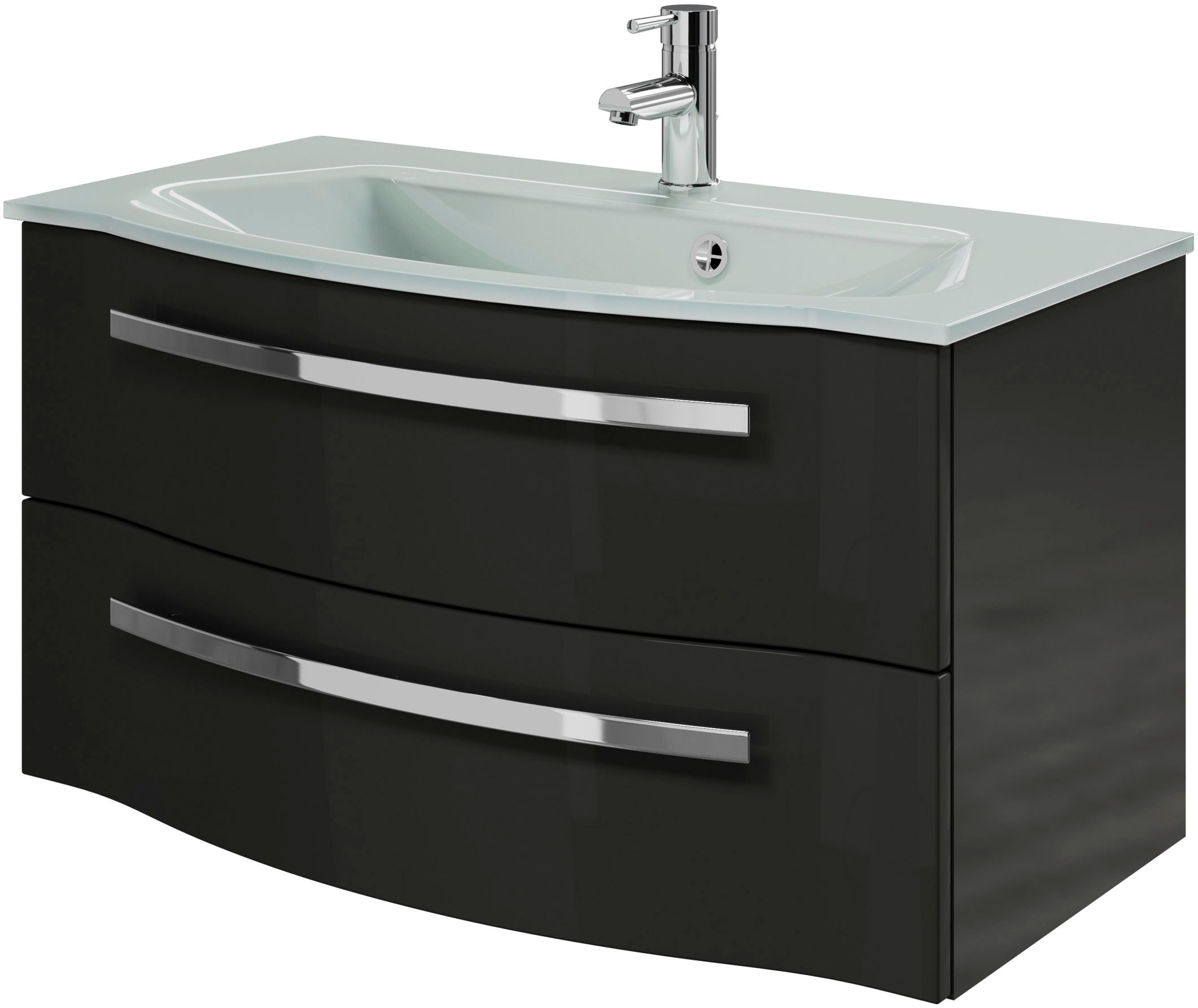 Saphir Badmöbel-Set »Serie 4005, vormontiert, Glaswaschbecken, Spiegelschrank«, (Set, 6 St.), Badezimmer-Set mit Unterschrank, Hängeschrank, Hochschrank, Türdämpfer