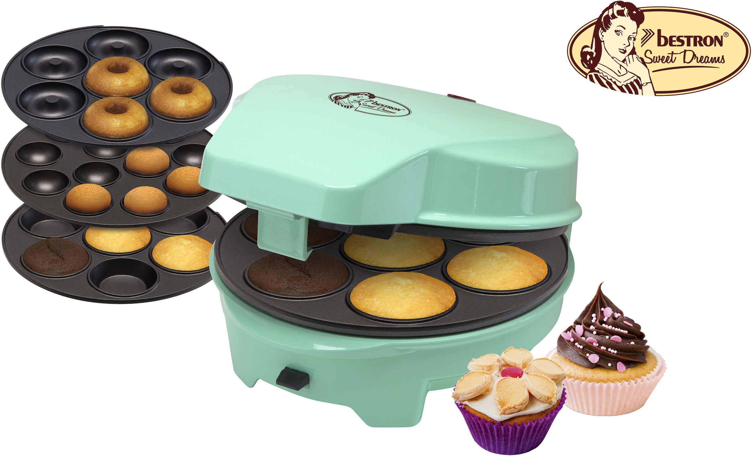 bestron Muffin-Maker »ASW238 Sweet Dreams«, 700 W, Retro Design, mit 3 auswechselbaren Backplatten, antihaftbeschichtet