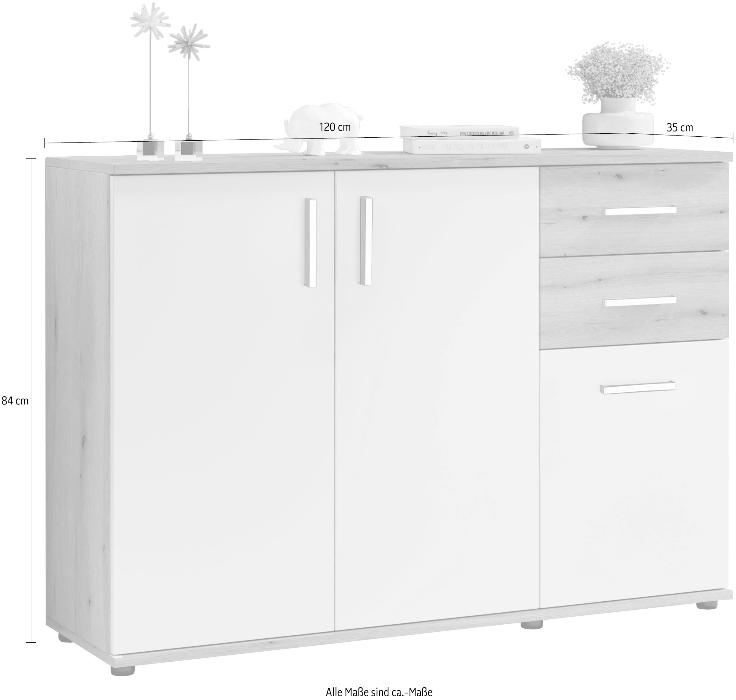 HBZ Kommode »BC-Drift-2, Sideboard Stellmaß BxHxT 120x84x35 cm«, (1 St.), Kommode mit 3 Türen, 2 Schubkästen und 1 Einlegeboden