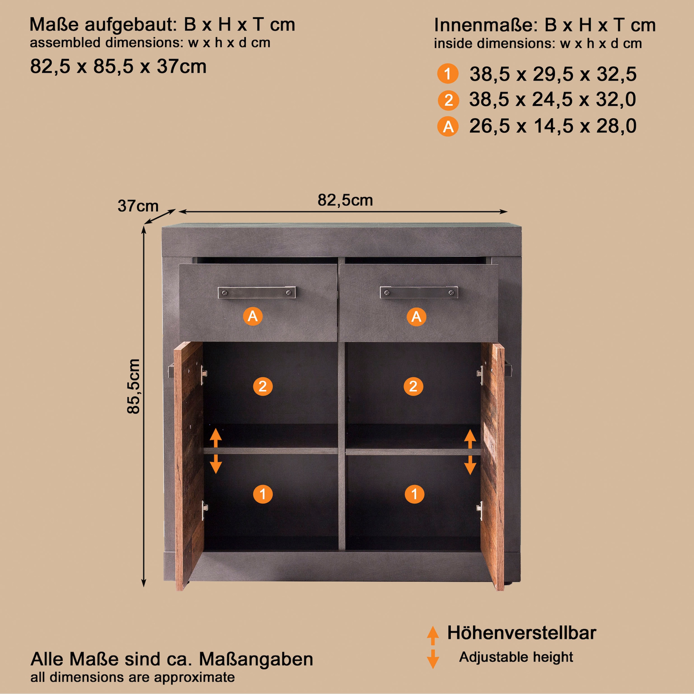 Home affaire Kommode »Ilana« Kommode mit 2 Türen & 2 Schubladen - (B/T/H) 82/37/86 cm