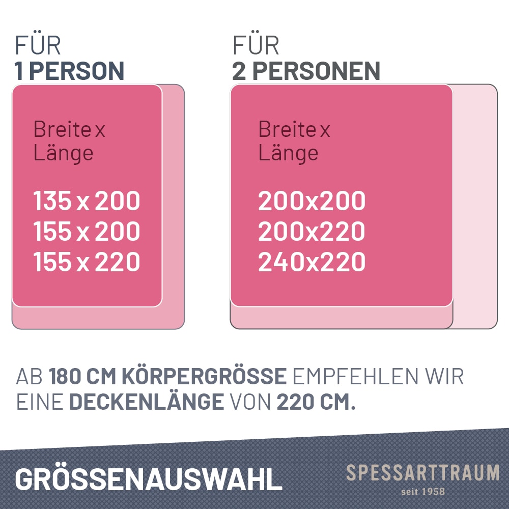 SPESSARTTRAUM Daunenbettdecke »Exklusiv, Bettdecken für Sommer und Winter«, Füllung 100% Daunen, Klasse 1, Downpass zertifiziert, Bezug 100% Baumwolle, nachhaltig (Made in Green), Hausstauballergiker geeignet, (1 St.), 5 Wärmeklassen & 8 Größen